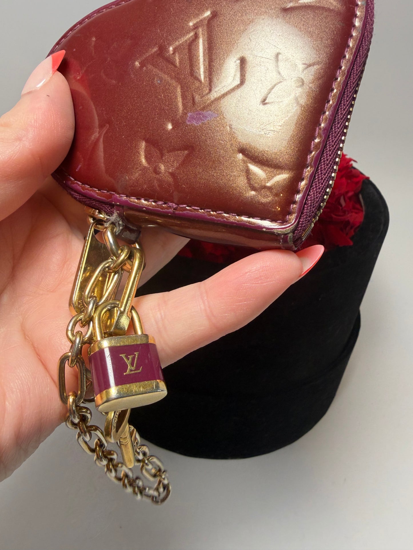 Louis Vuitton Monogram Vernis Heart Coin Purse in Amarante Color