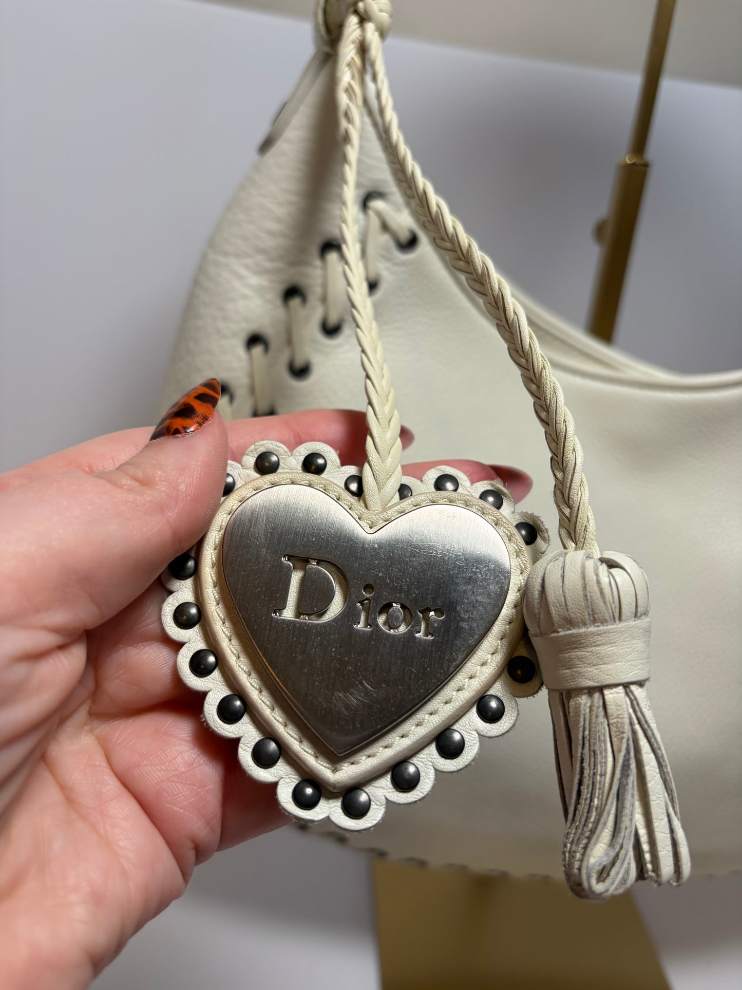 Christian Dior Y2K Cream Leather Hobo Bag with Charm & COA