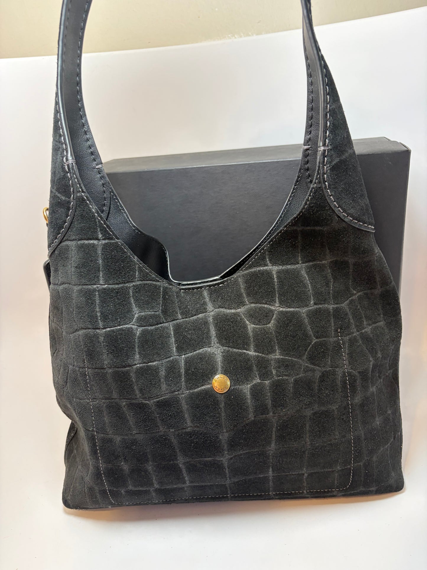 Coach Brooklyn 28 Black Suede Croc Embossed Shoulder Bag