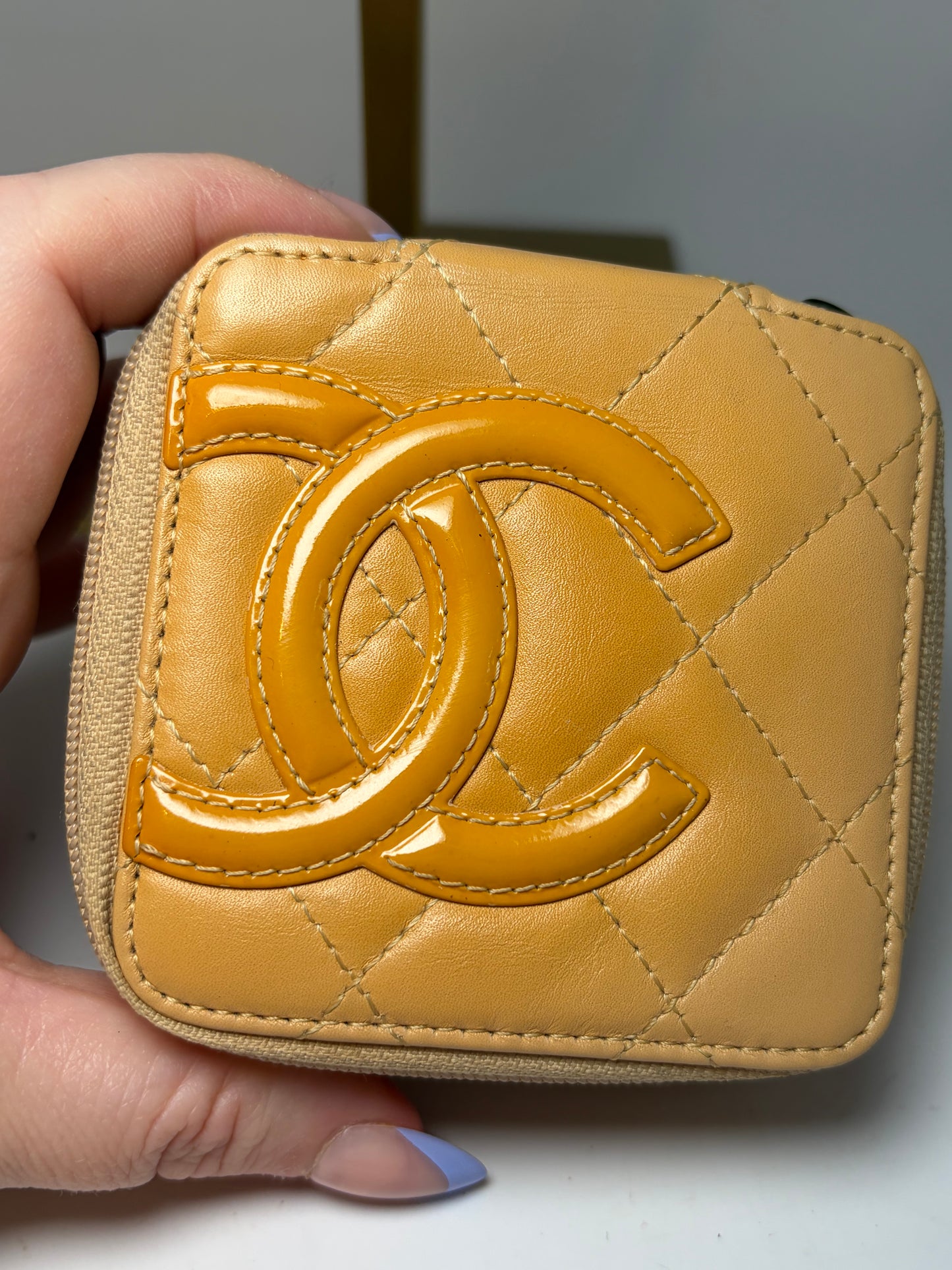 Chanel Beige Cambon Quilted Coin Purse/Mini Cosmetic Case with mirror & COA