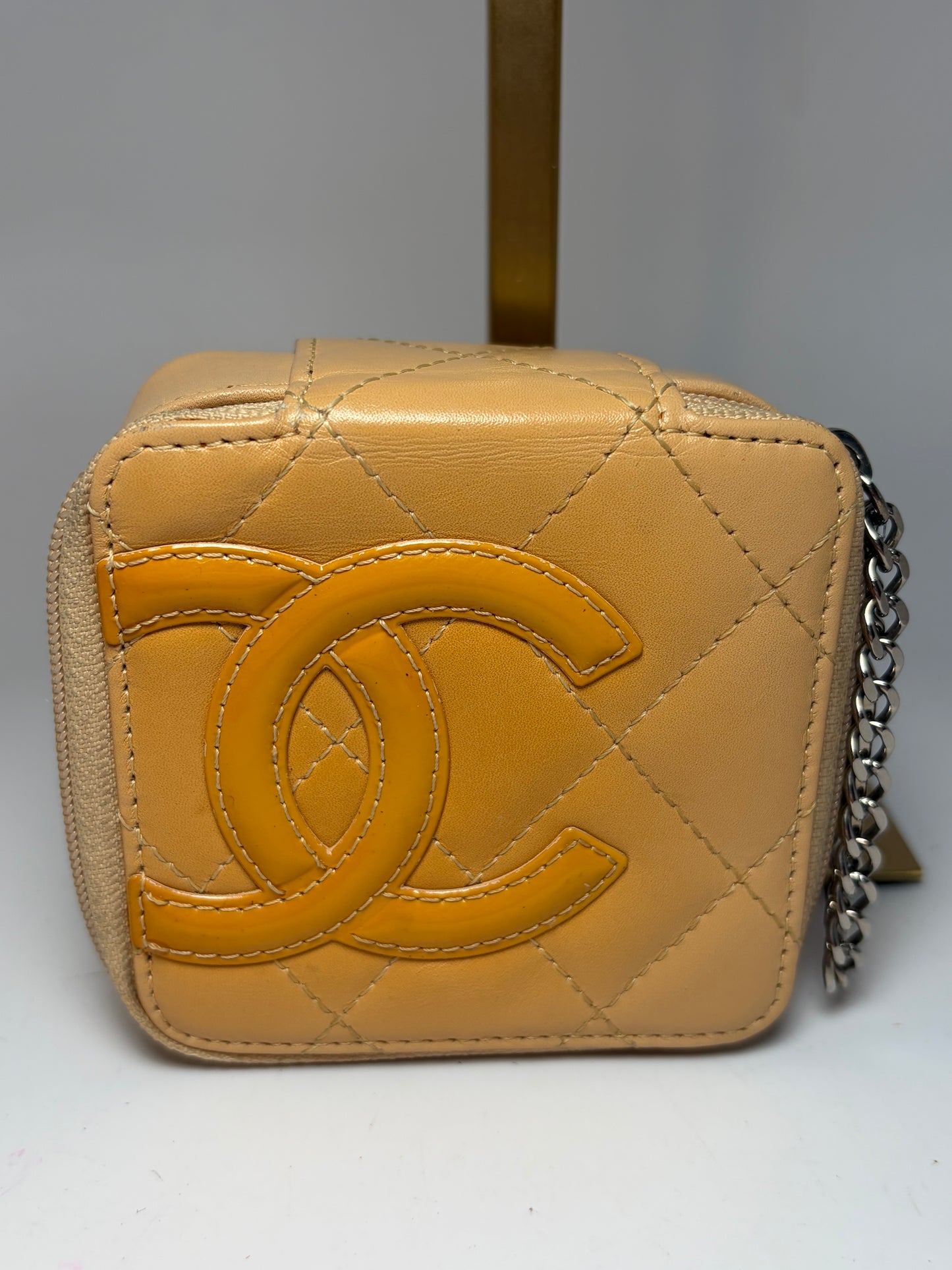 Chanel Beige Cambon Quilted Coin Purse/Mini Cosmetic Case with mirror & COA