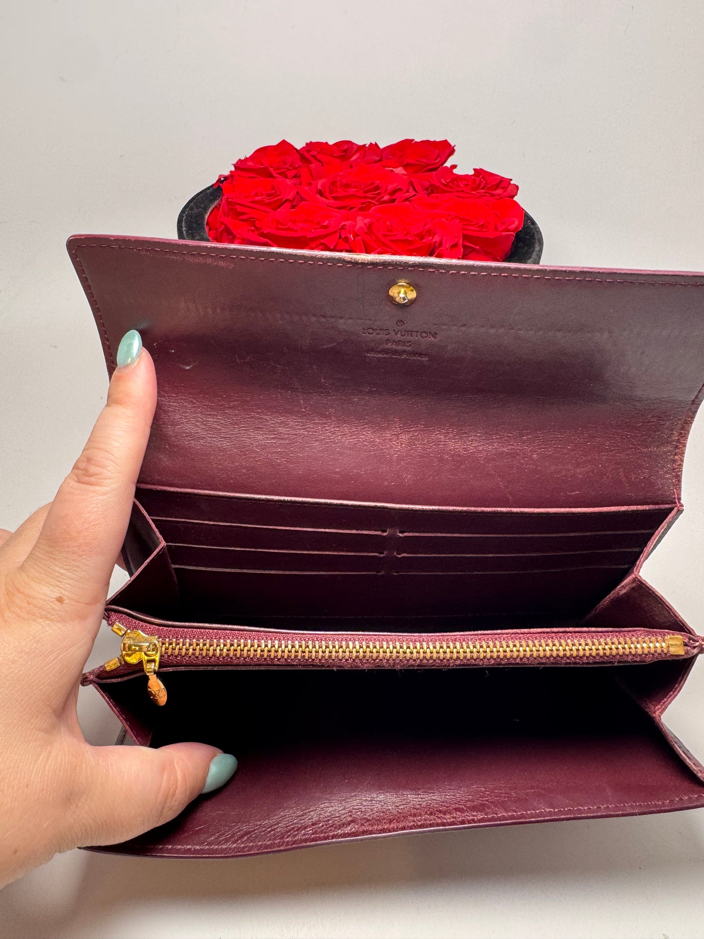 Louis Vuitton Sarah Vernis Leather Burgundy Wallet- Fair Condition