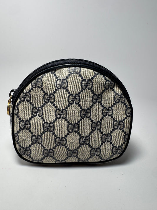 Gucci Web Canvas & Leather Navy Grey Dome Pouch/Cosmetic Case