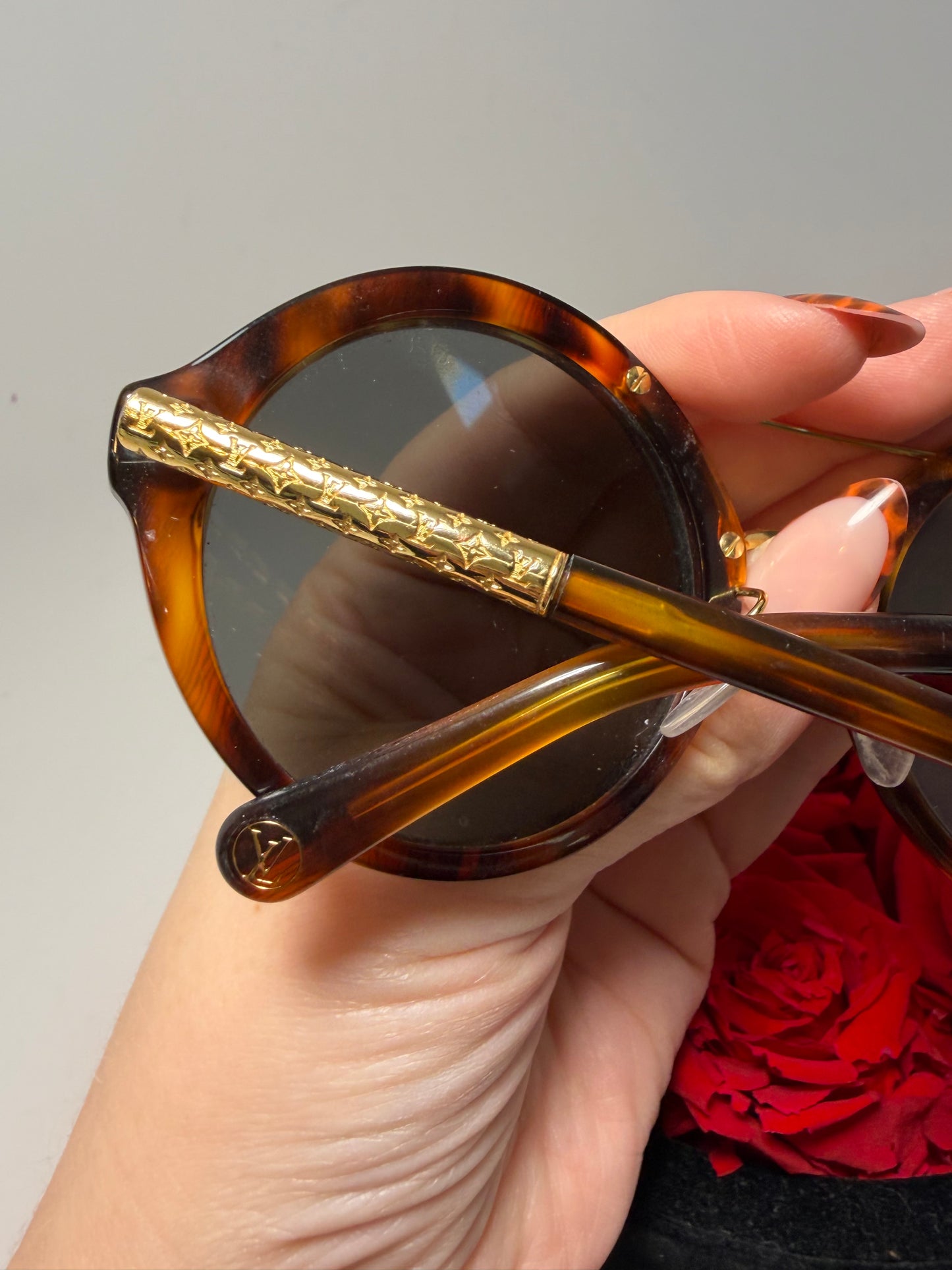 Louis Vuitton Brown Tortoise Round Sunglasses with Gold Monogram Details
