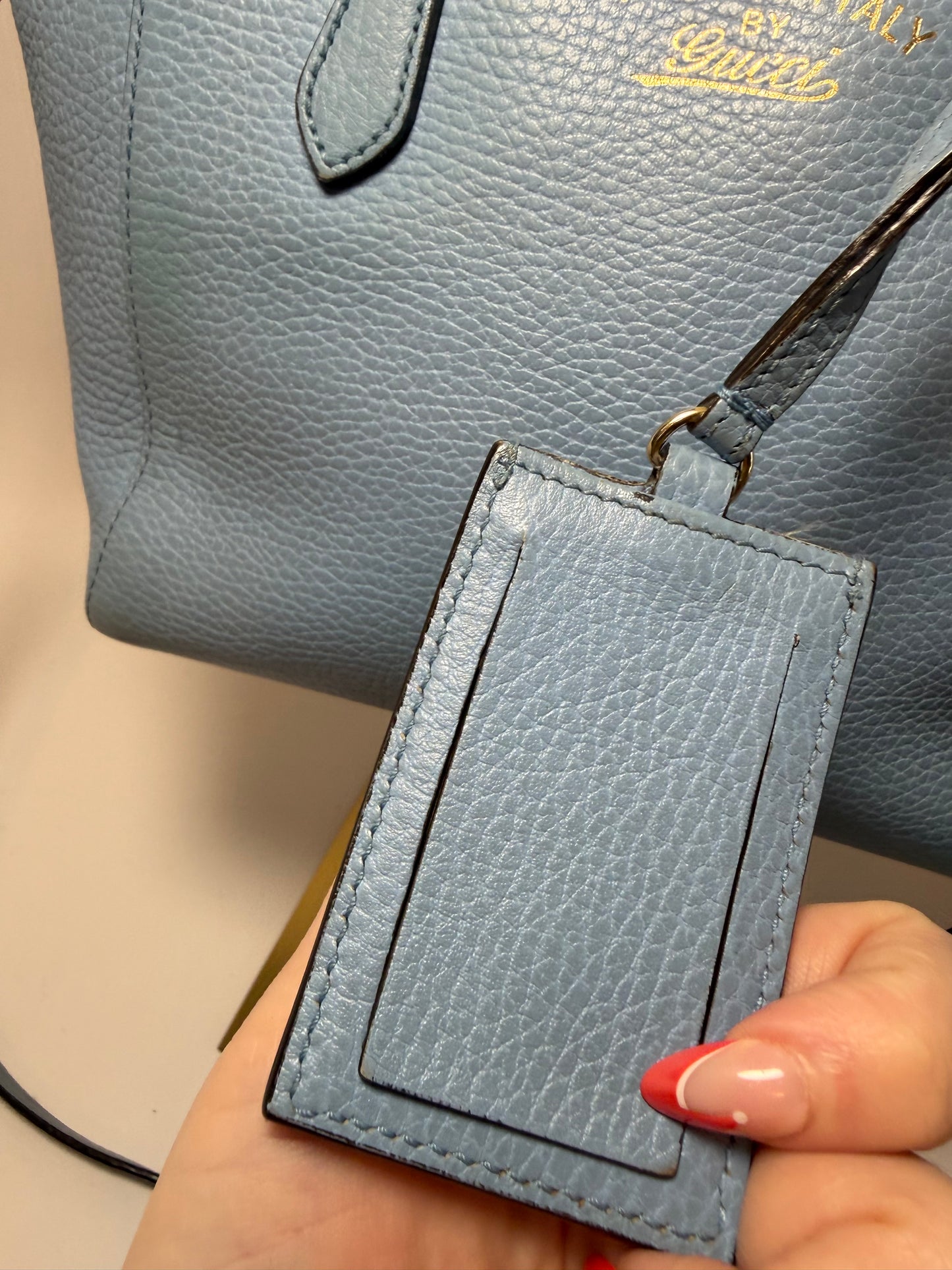 Gucci Mini Swing Tote Baby Blue Pebble Leather w/Crossbody Strap