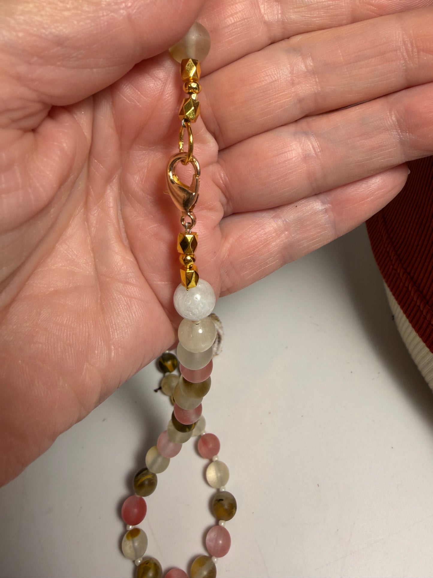 Pink & Tiger Eye Beaded Necklace with Gold Tone Seashell Pendant | Coastal Boho Handmade by Liv