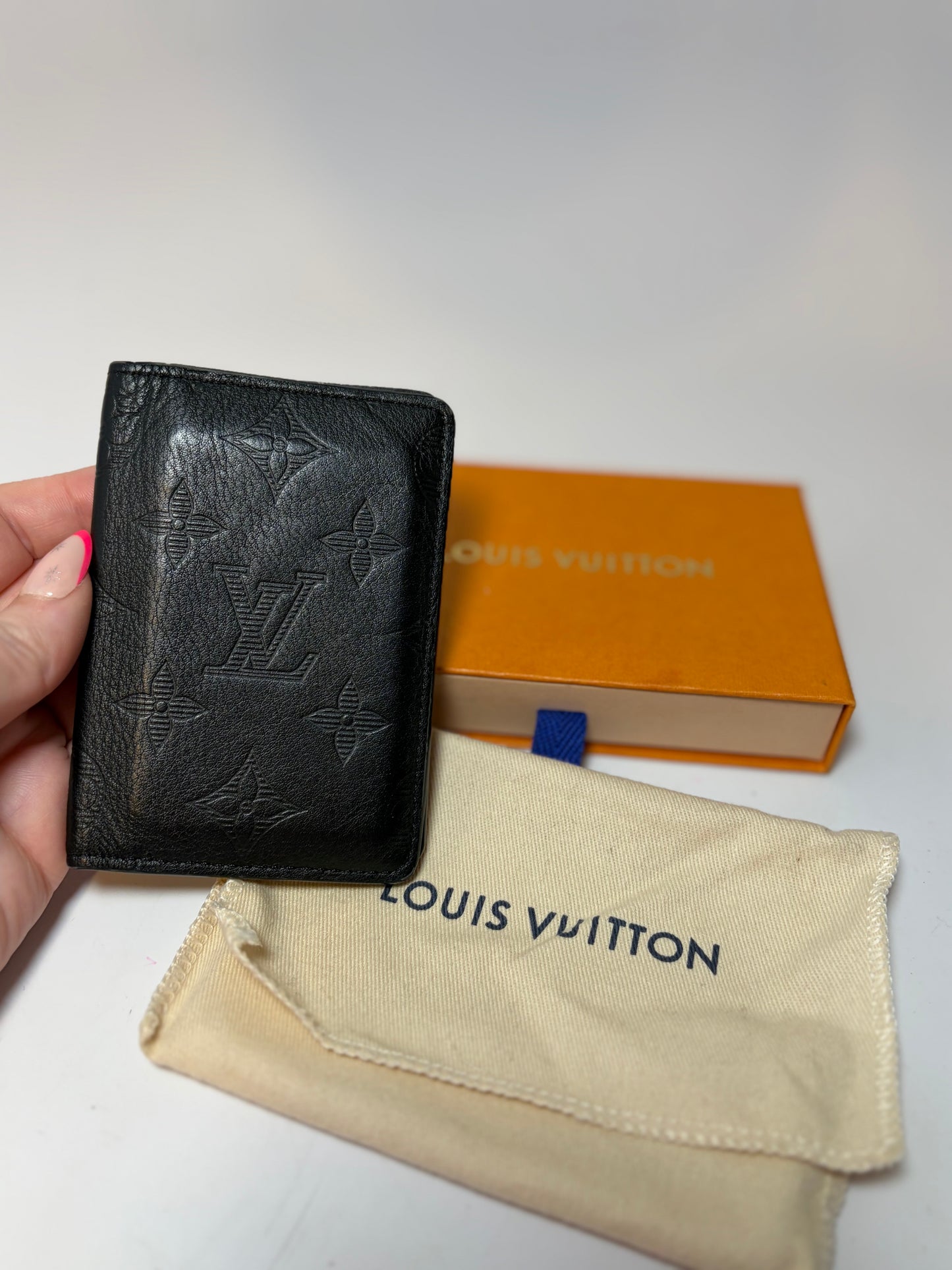 Louis Vuitton Pocket Organizer in Calfskin Shadow Leather Empriente Monogram w/COA, dust bag & box