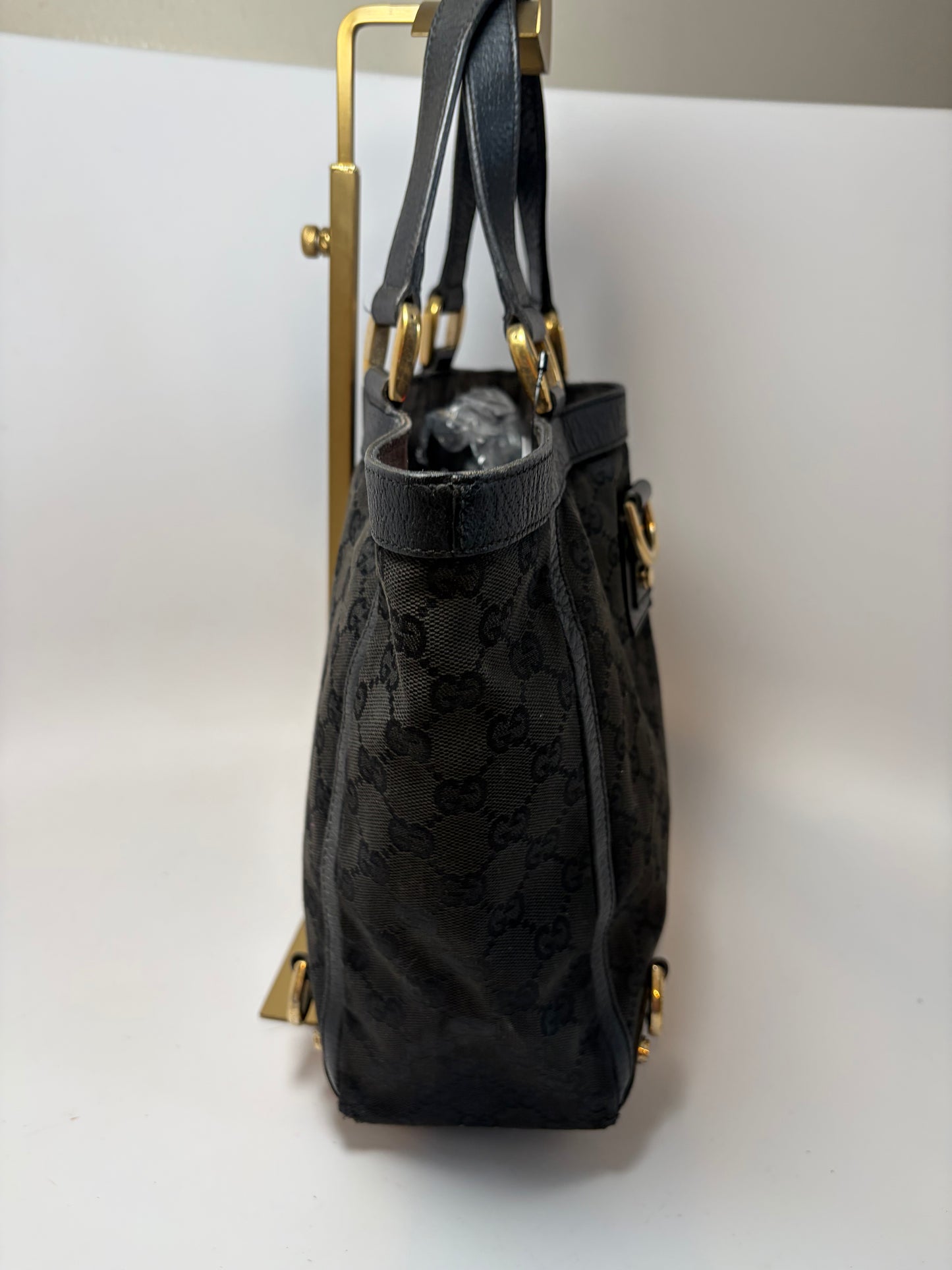 Gucci Abbey Tote Black GG Monogram Canvas & Leather comes with certificate of authenticity from Entrupy
