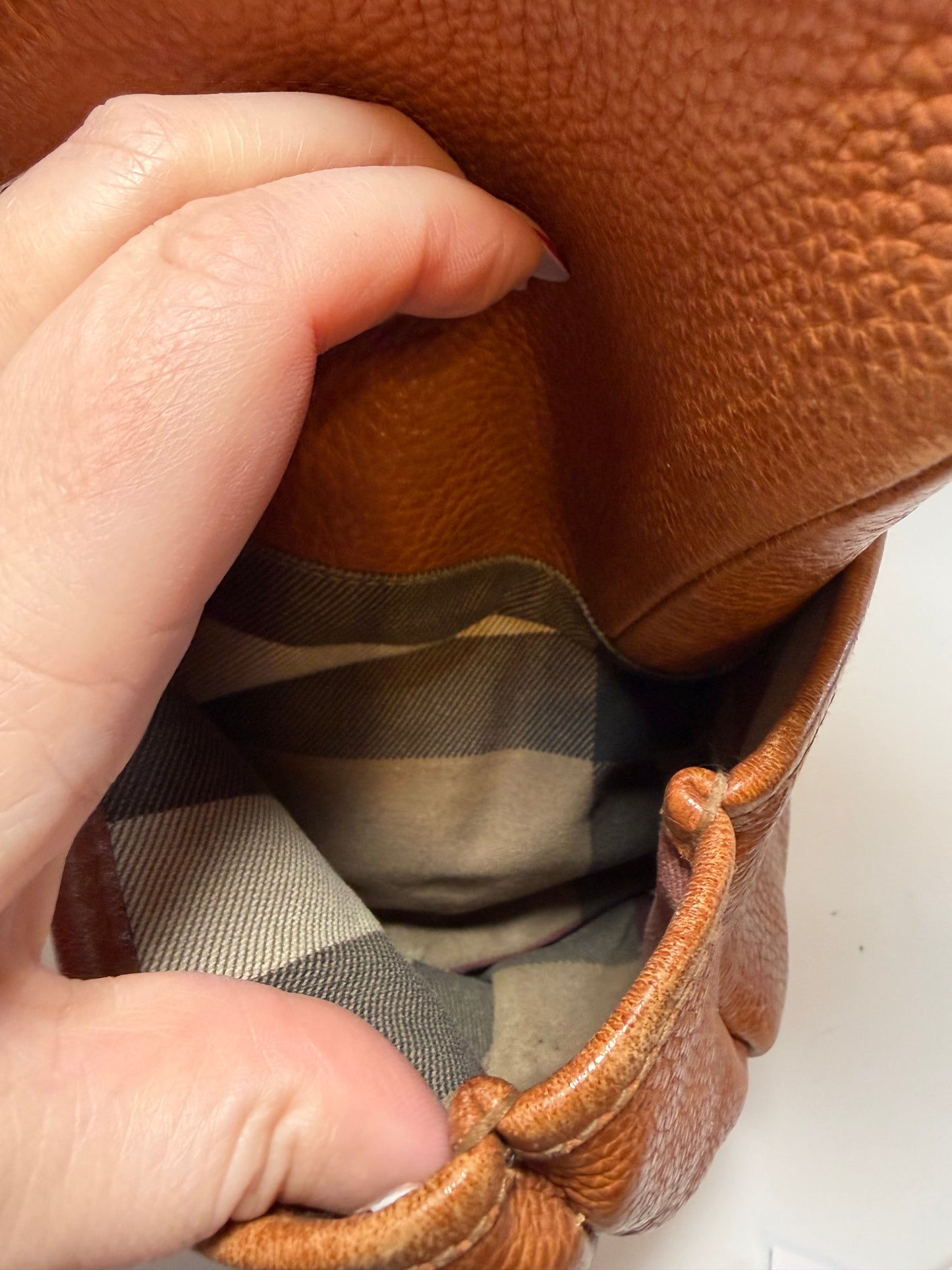 Burberry Large Pebbled Leather Tote W/Plaid Check Interior