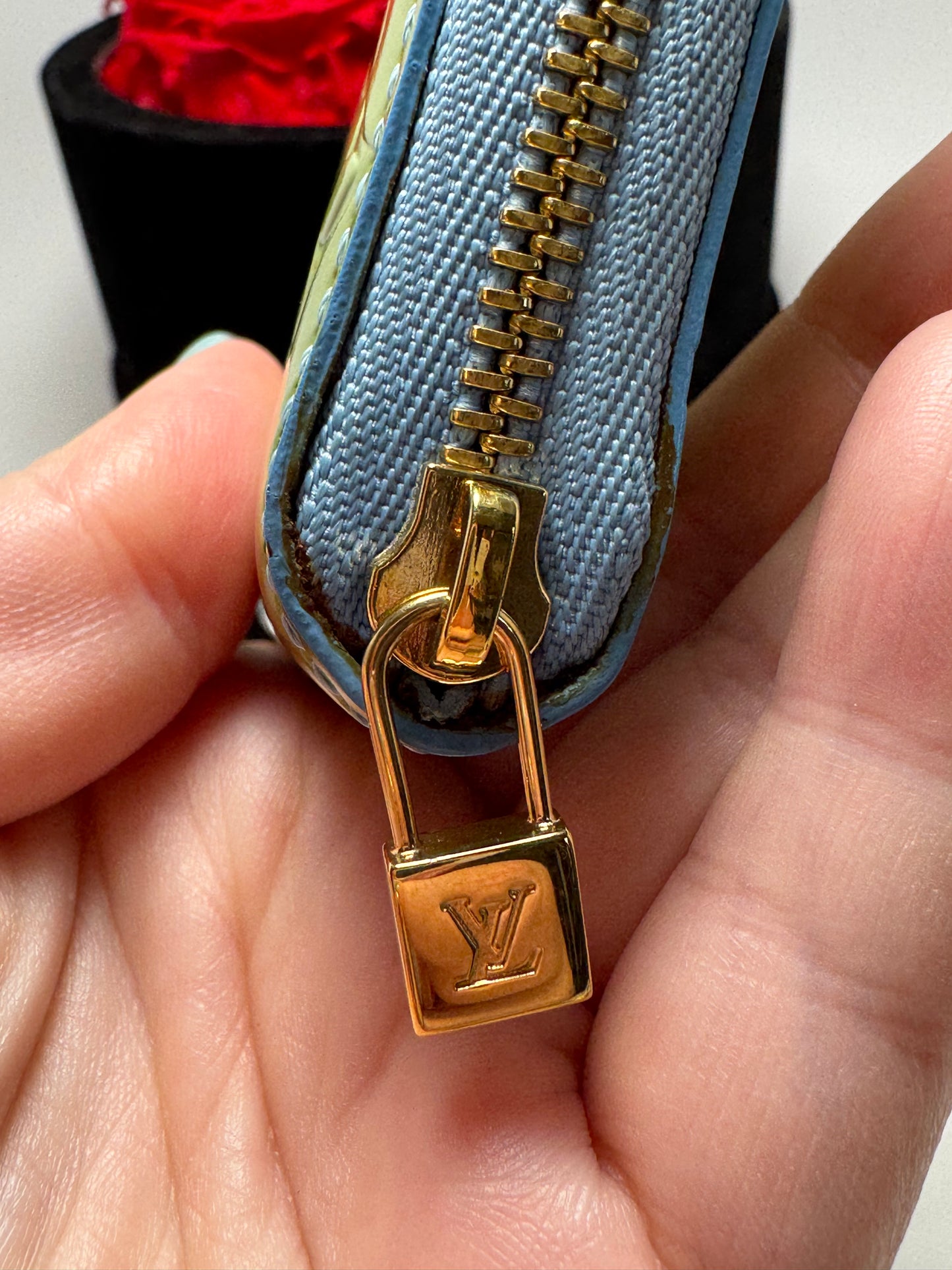 Louis Vuitton Green Vernis Zippy Compact Wallet W/ Blue Leather Interior