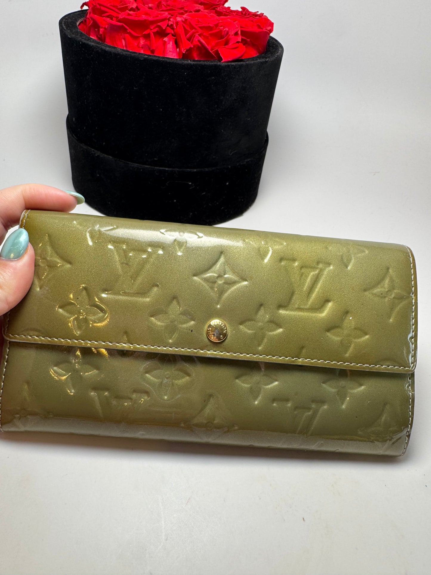 Louis Vuitton Moss Green Vernis Leather Wallet w/Blue Interior