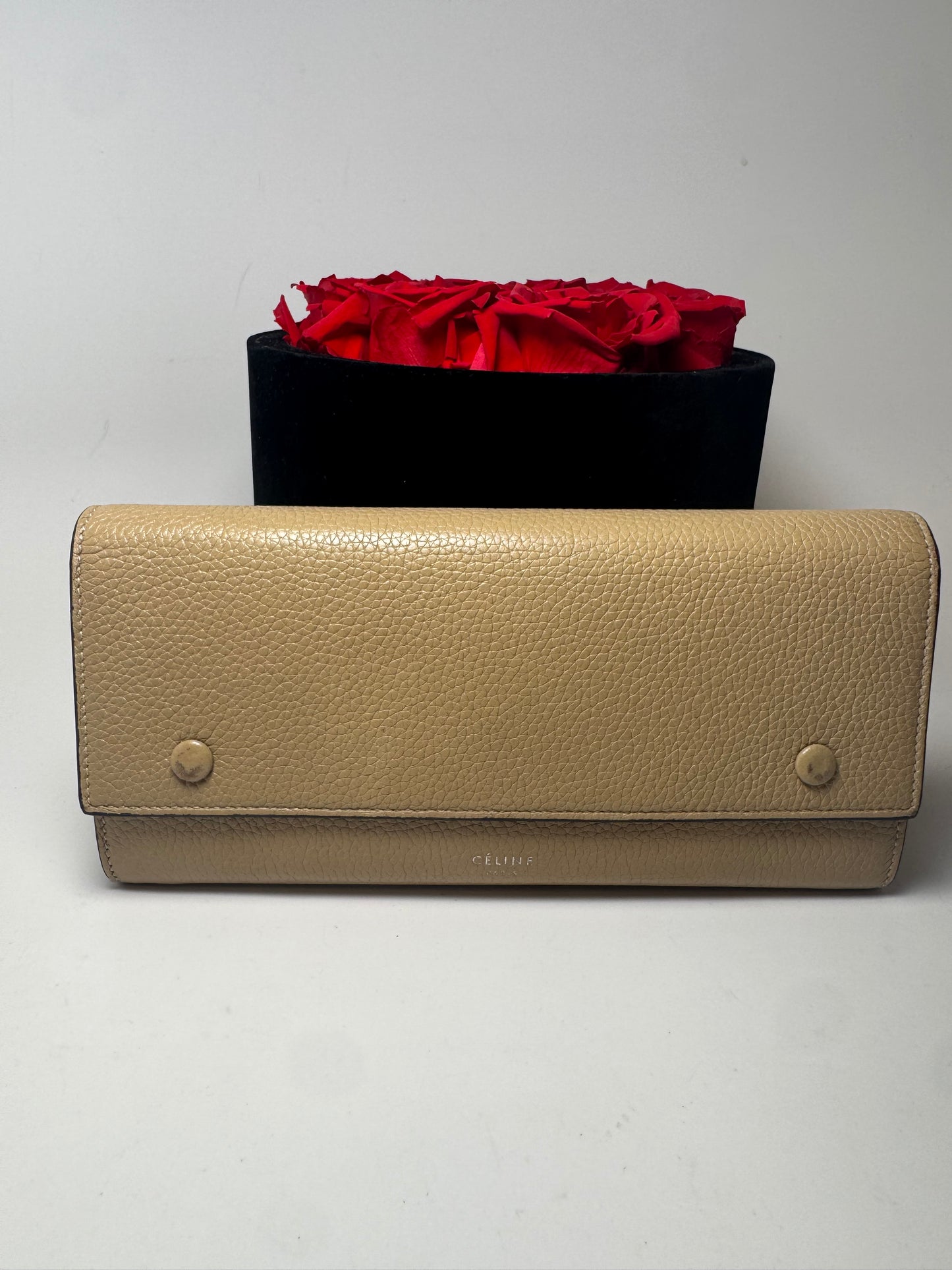 Celine Large Flap Multifunction Wallet Taupe Pebbled Leather Made in Italy