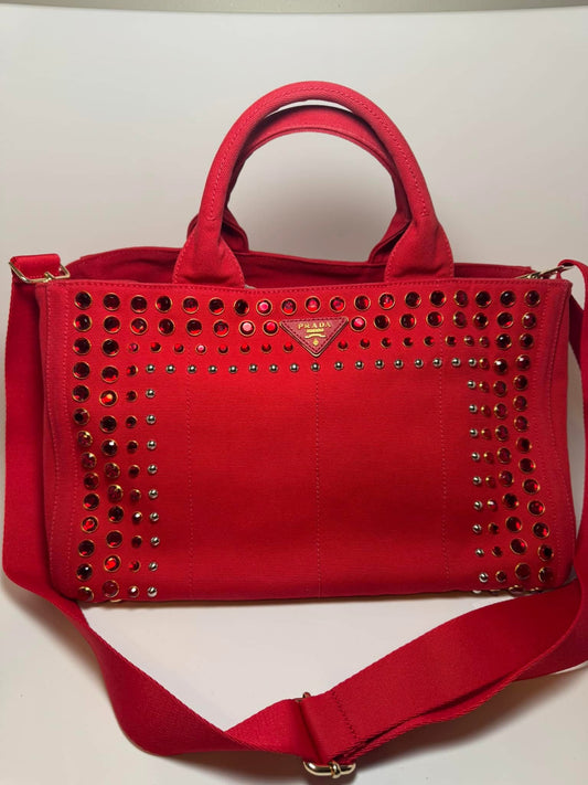 Prada Crystals Canapa Tote Large Red Rosso w/Crossbody Strap