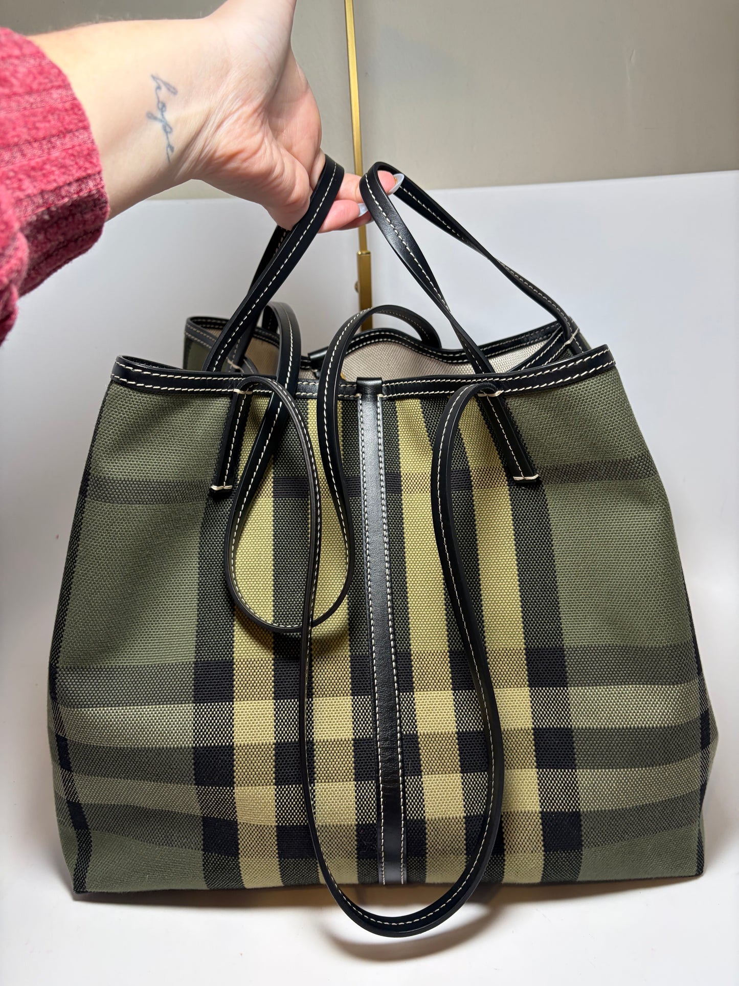 Burberry Check Canvas Tote Green & Khaki and Wristlet