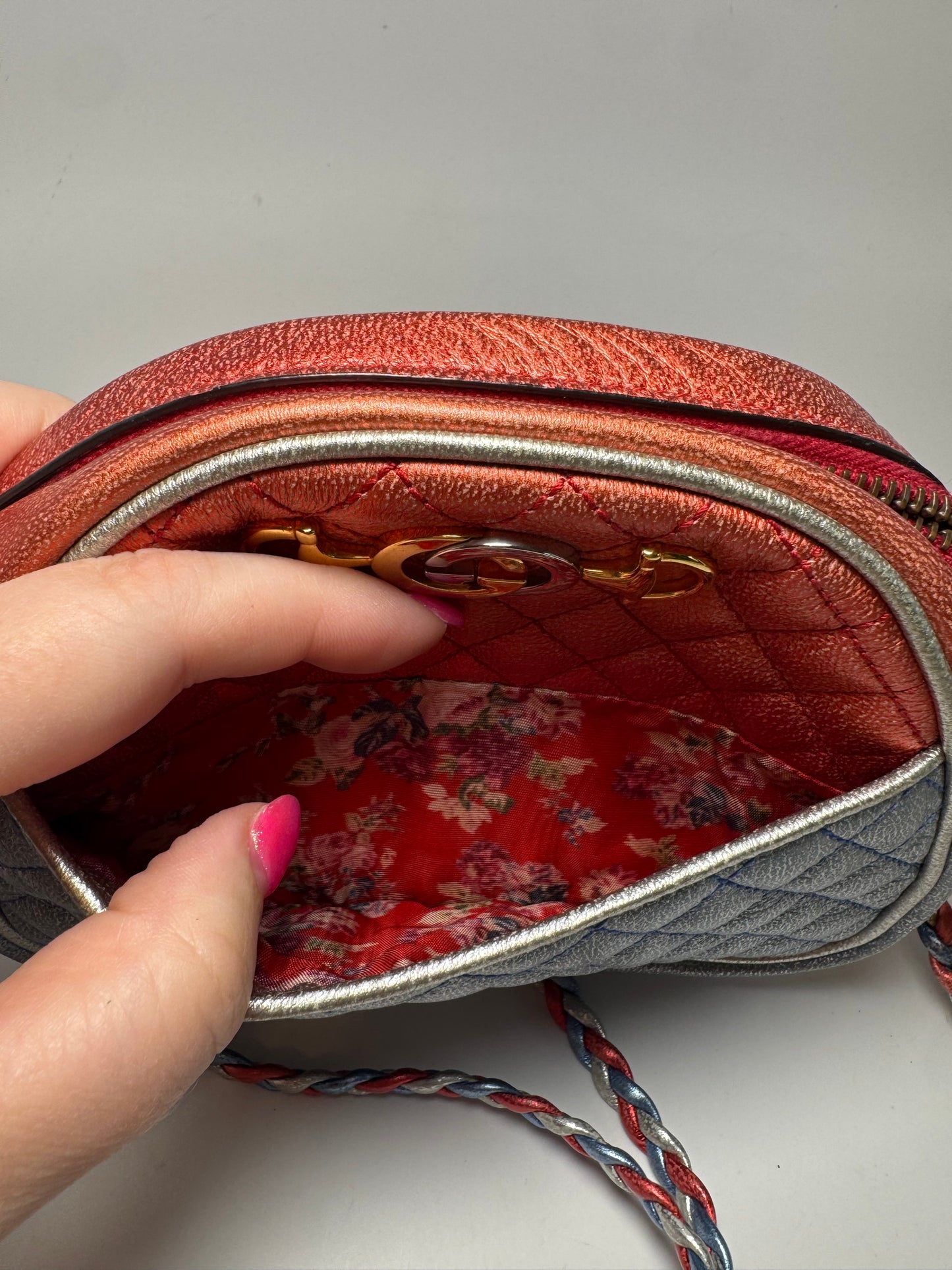 Gucci Nappa Trapuntata Laminated Mini Zumi Dome Crossbody Red, Silver & Blue w/two tone GGs on front