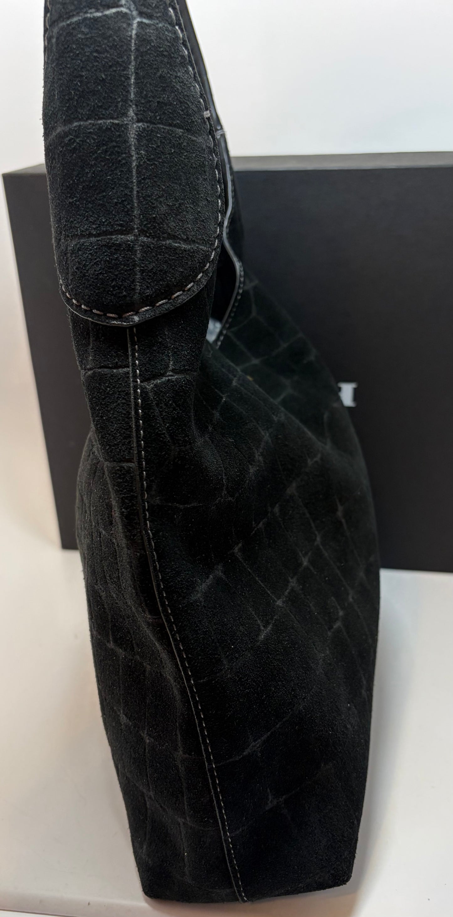 Coach Brooklyn 28 Black Suede Croc Embossed Shoulder Bag