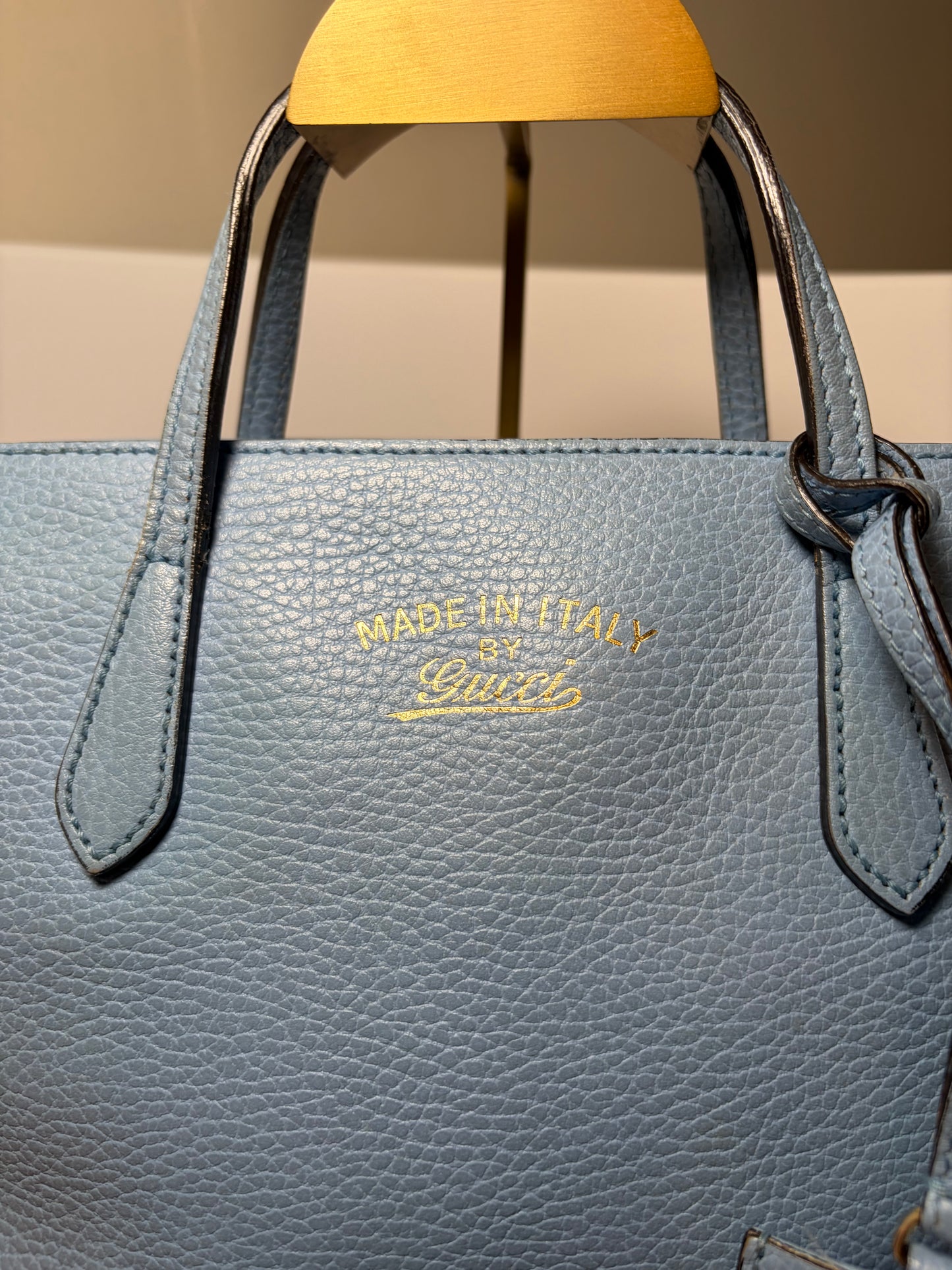 Gucci Mini Swing Tote Baby Blue Pebble Leather w/Crossbody Strap