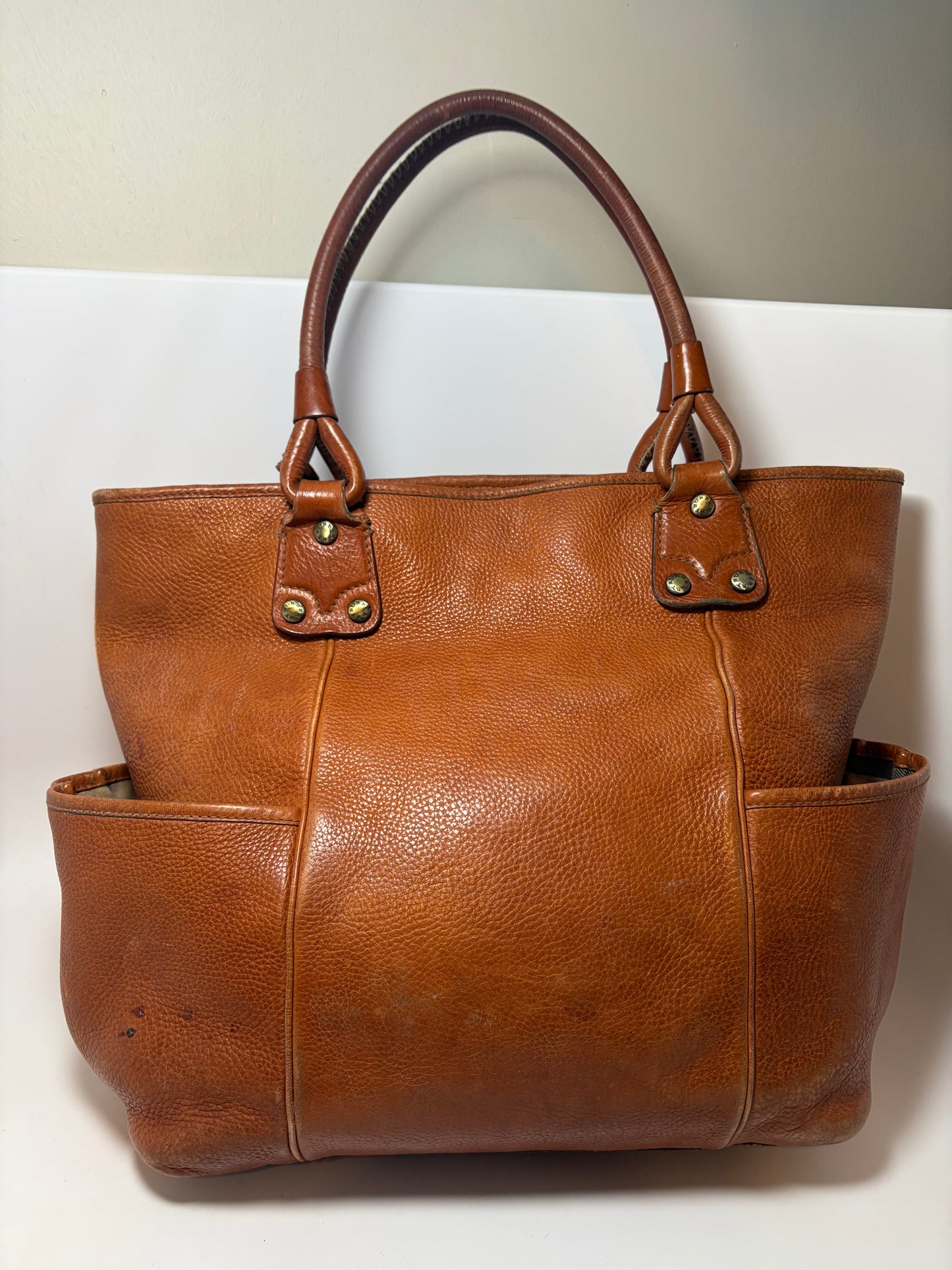 Burberry Large Pebbled Leather Tote W/Plaid Check Interior