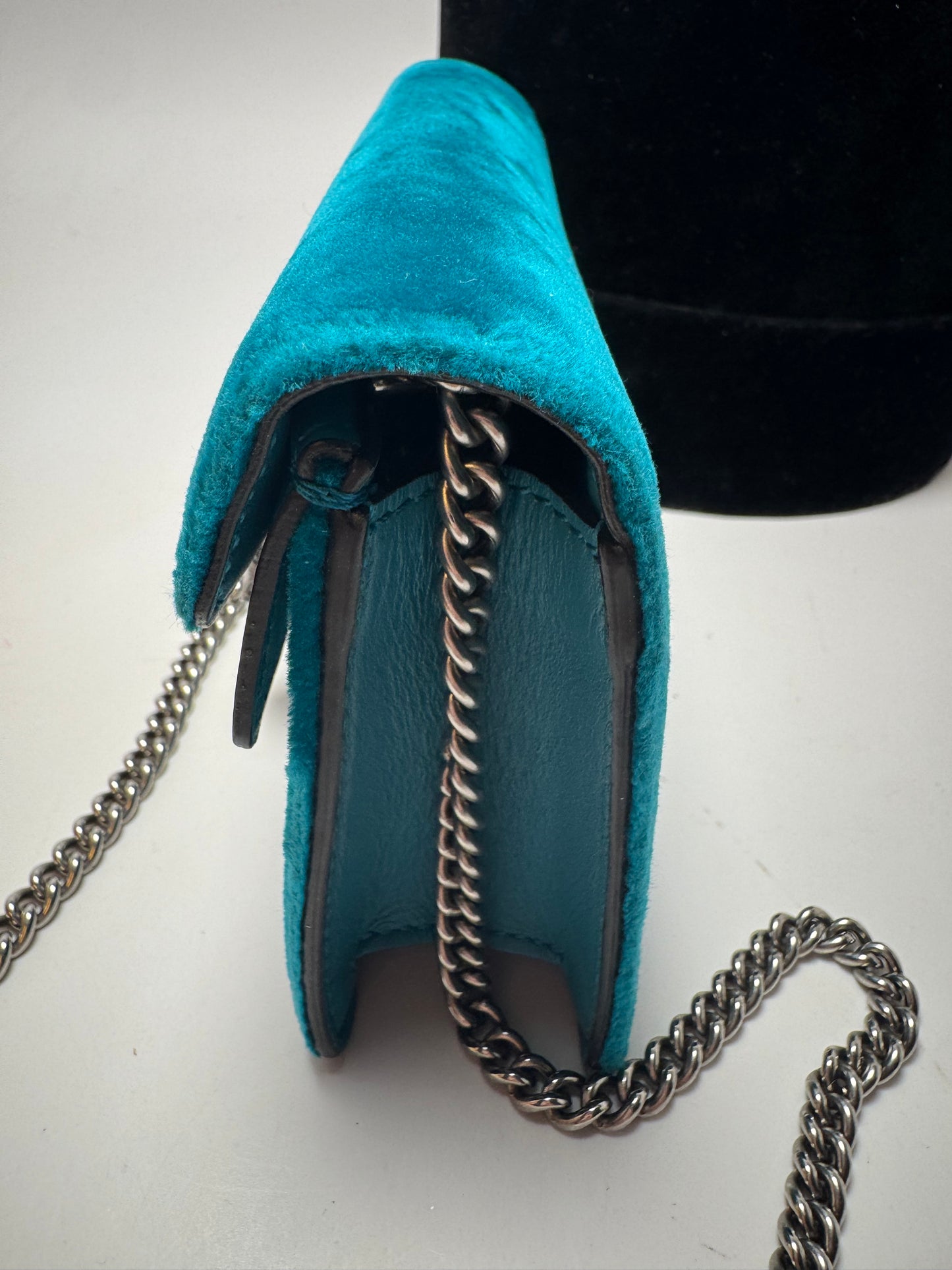 Gucci Velvet Super Mini Dionysus Shoulder Bag Pavone Cyan
