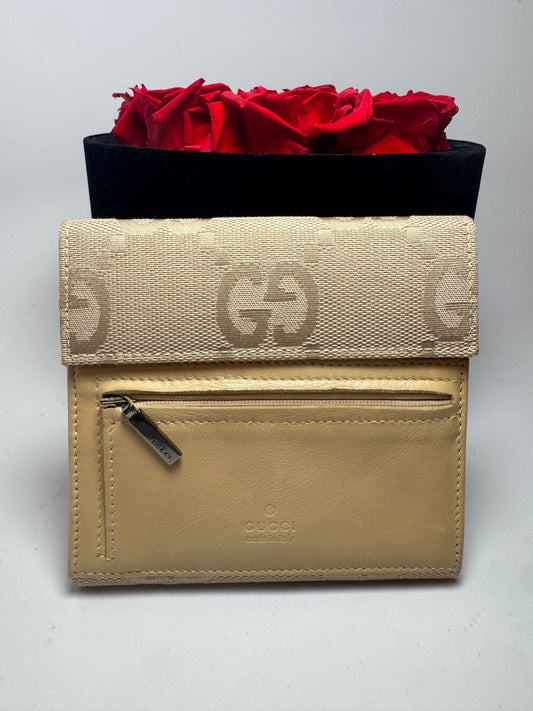 Gucci Beige Macro GG Canvas & Leather Trifold Wallet