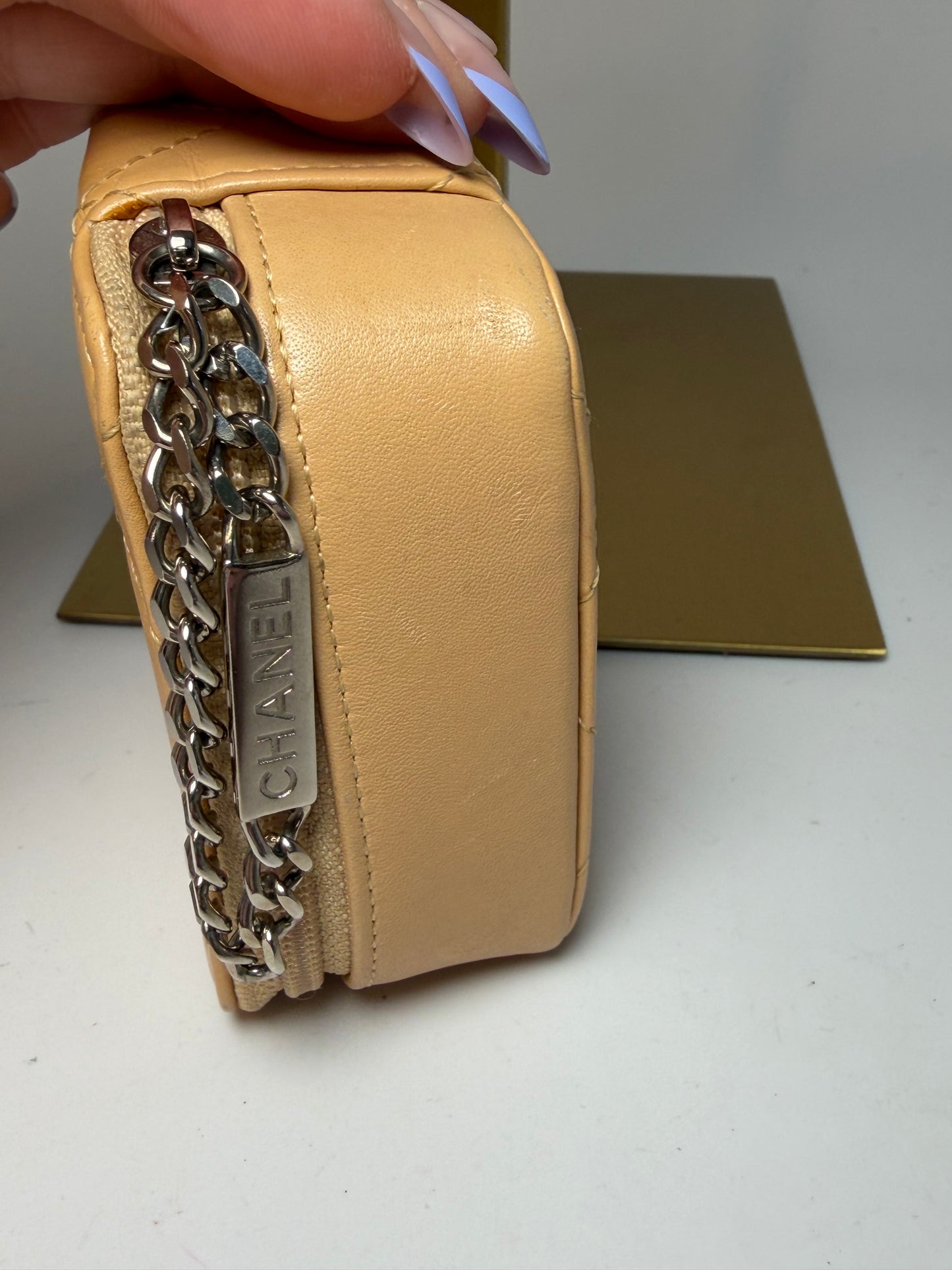 Chanel Beige Cambon Quilted Coin Purse/Mini Cosmetic Case with mirror & COA