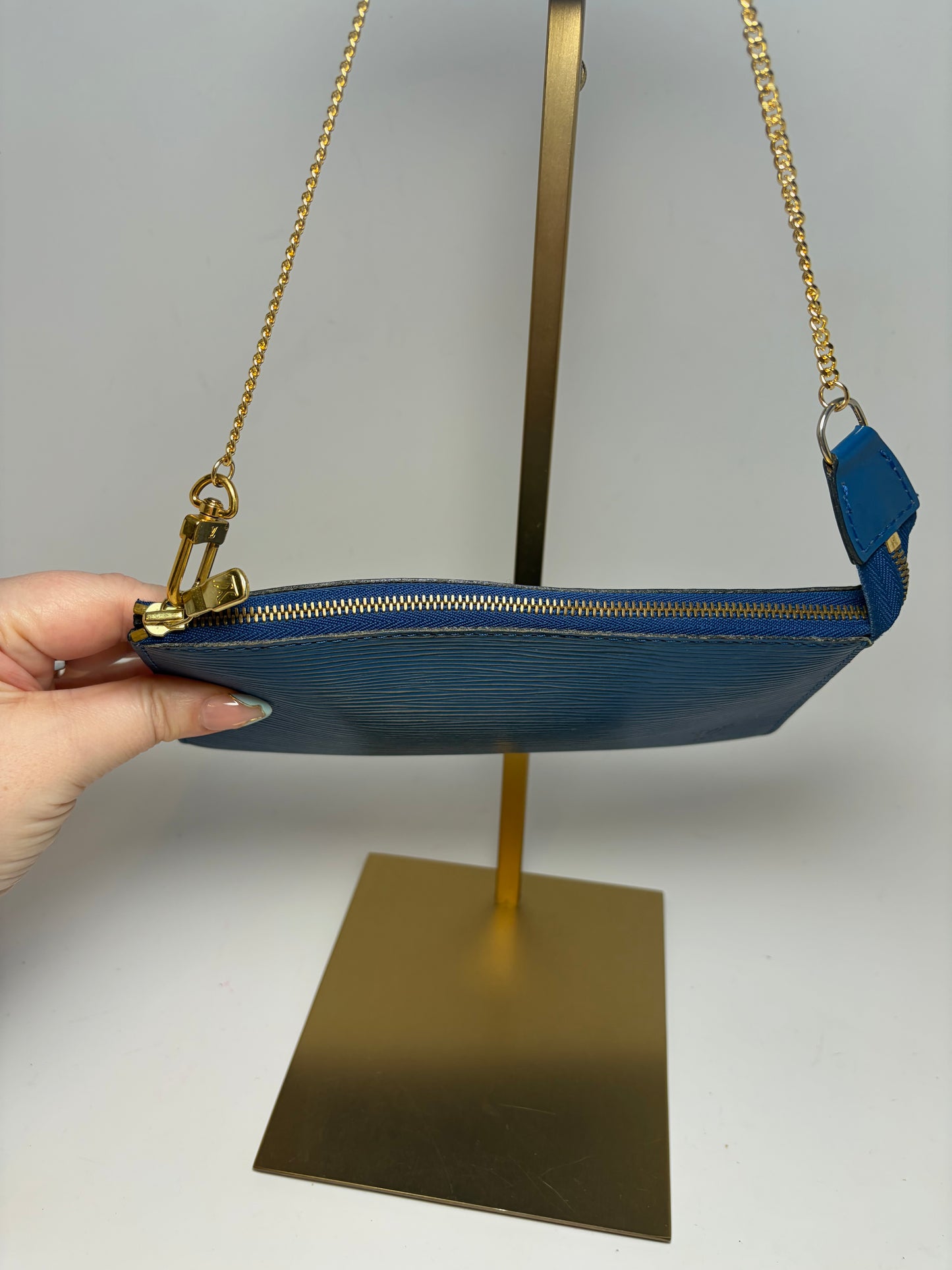 Louis Vuitton Pouch Pochette Accessories in Blue Epi Leather with LV Gold Chain