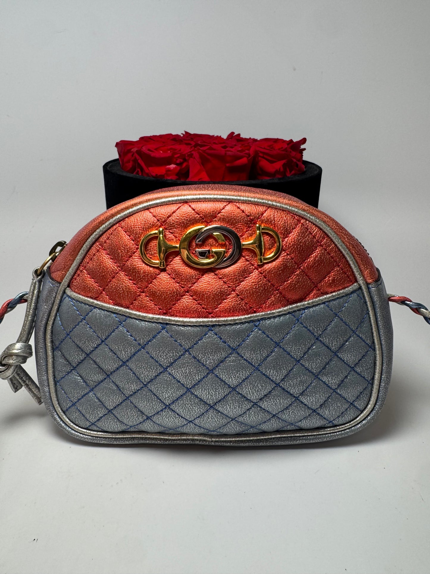 Gucci Nappa Trapuntata Laminated Mini Zumi Dome Crossbody Red, Silver & Blue w/two tone GGs on front