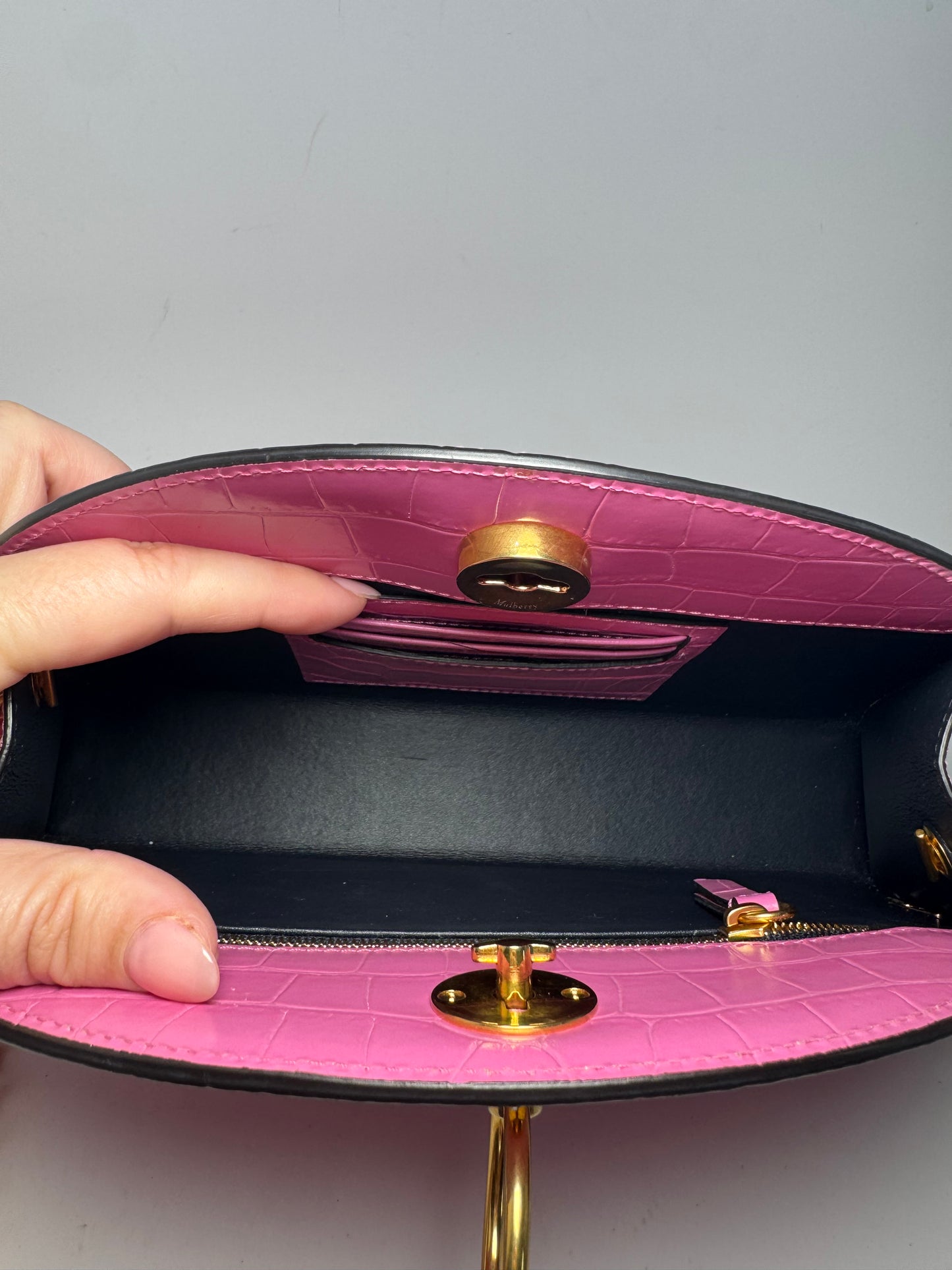 Mulberry Crocodile Embossed Calfskin Crescent Clutch Pink Pearl Shoulder Bag