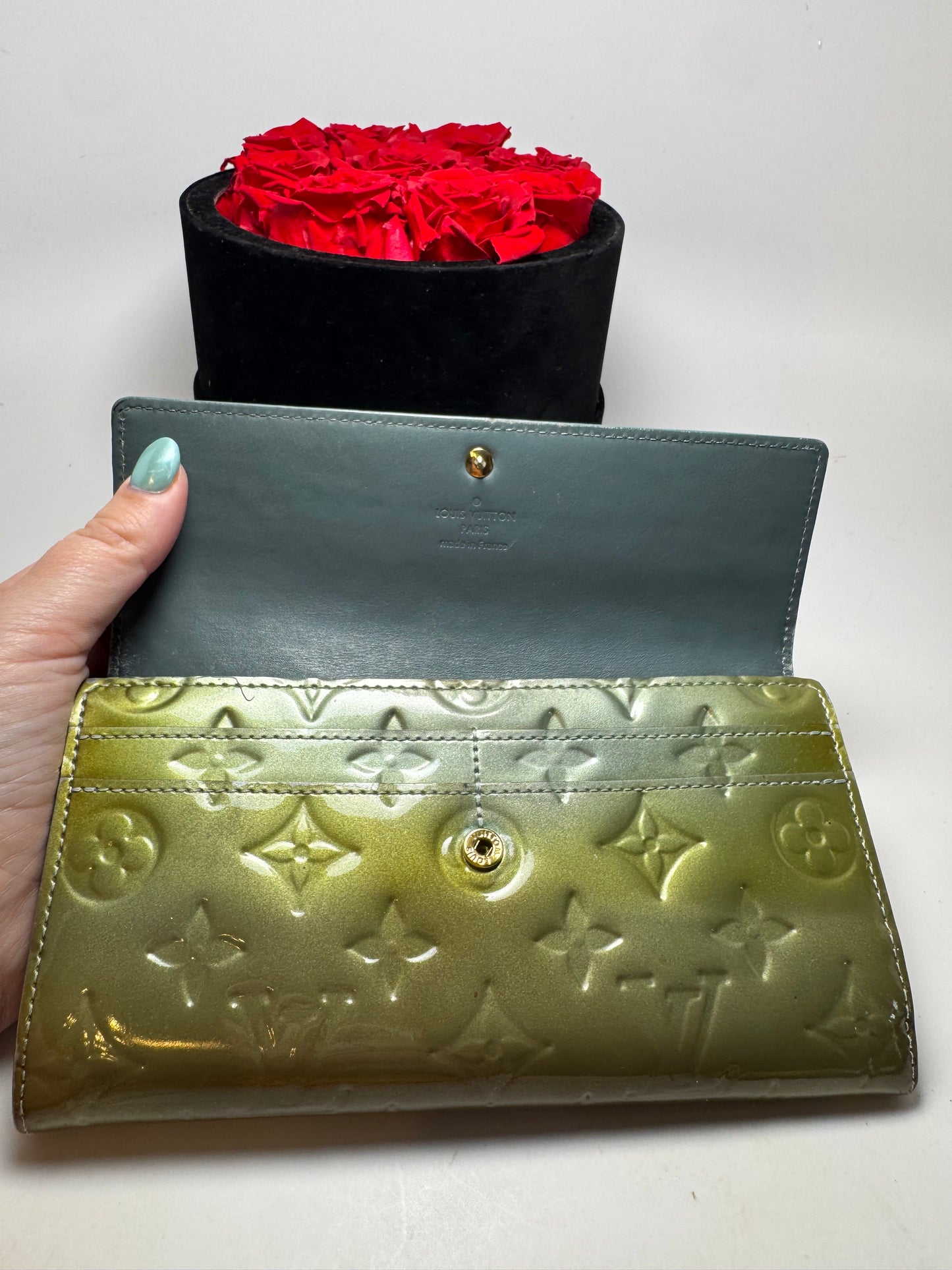 Louis Vuitton Moss Green Vernis Leather Wallet w/Blue Interior