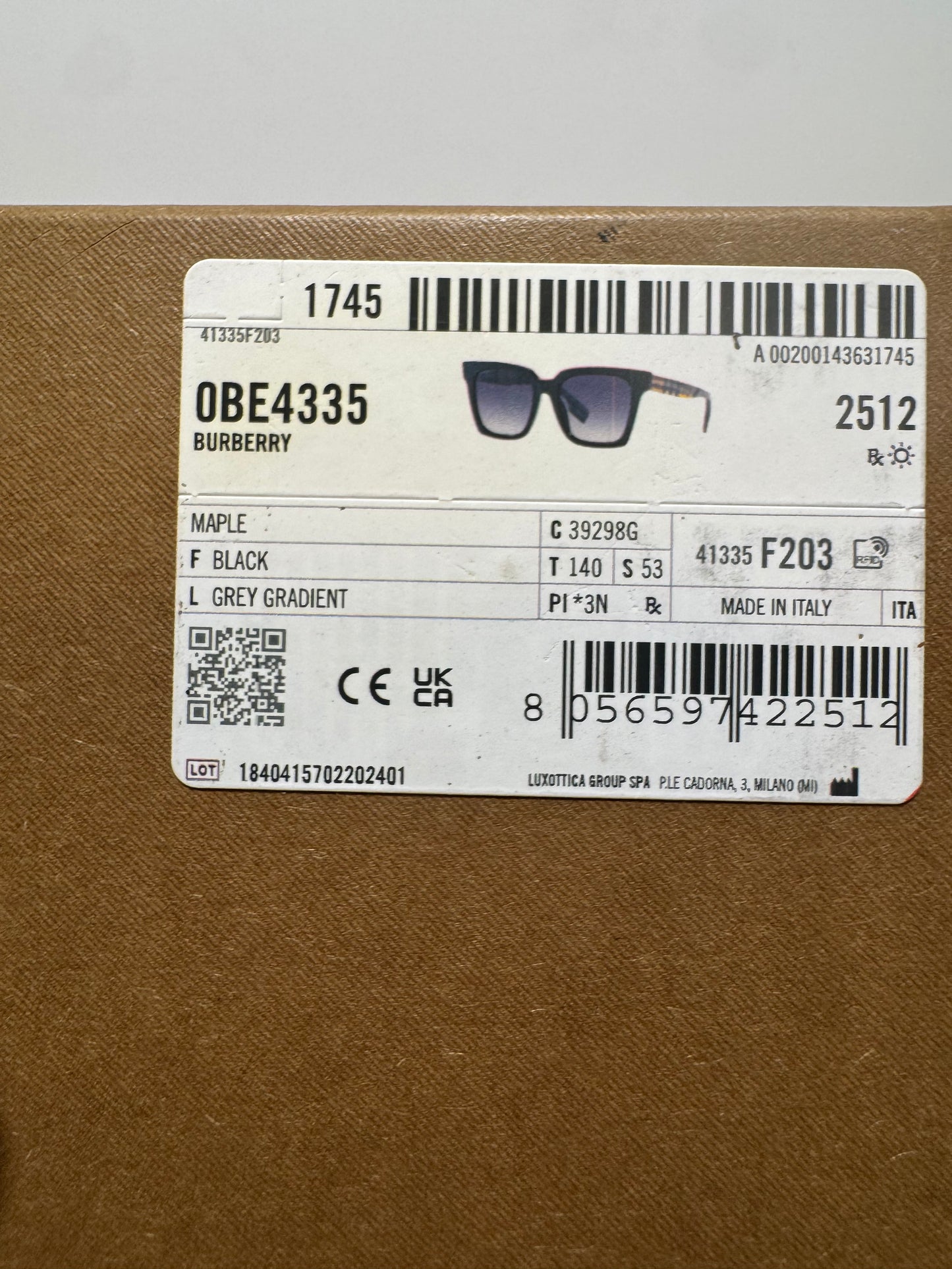 Burberry BE4335 Maple Black Square Sunglasses – Check Plaid Arms, Made in Italy