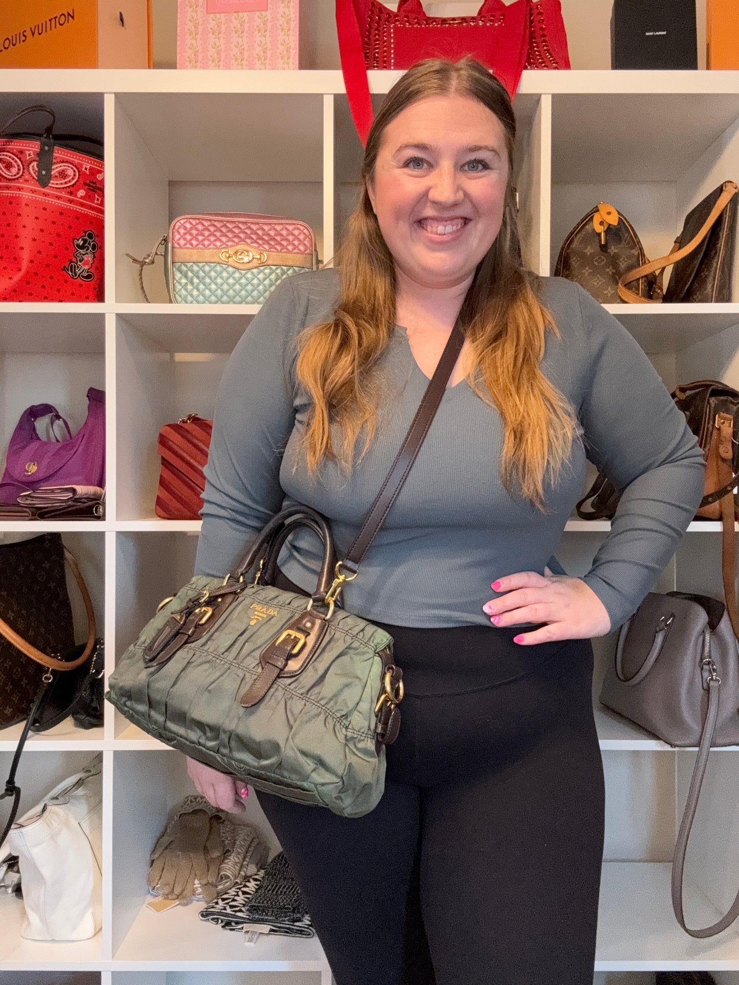 Prada Tessuto Gaufre Olive Green & Brown Leather Satchel/Crossbody