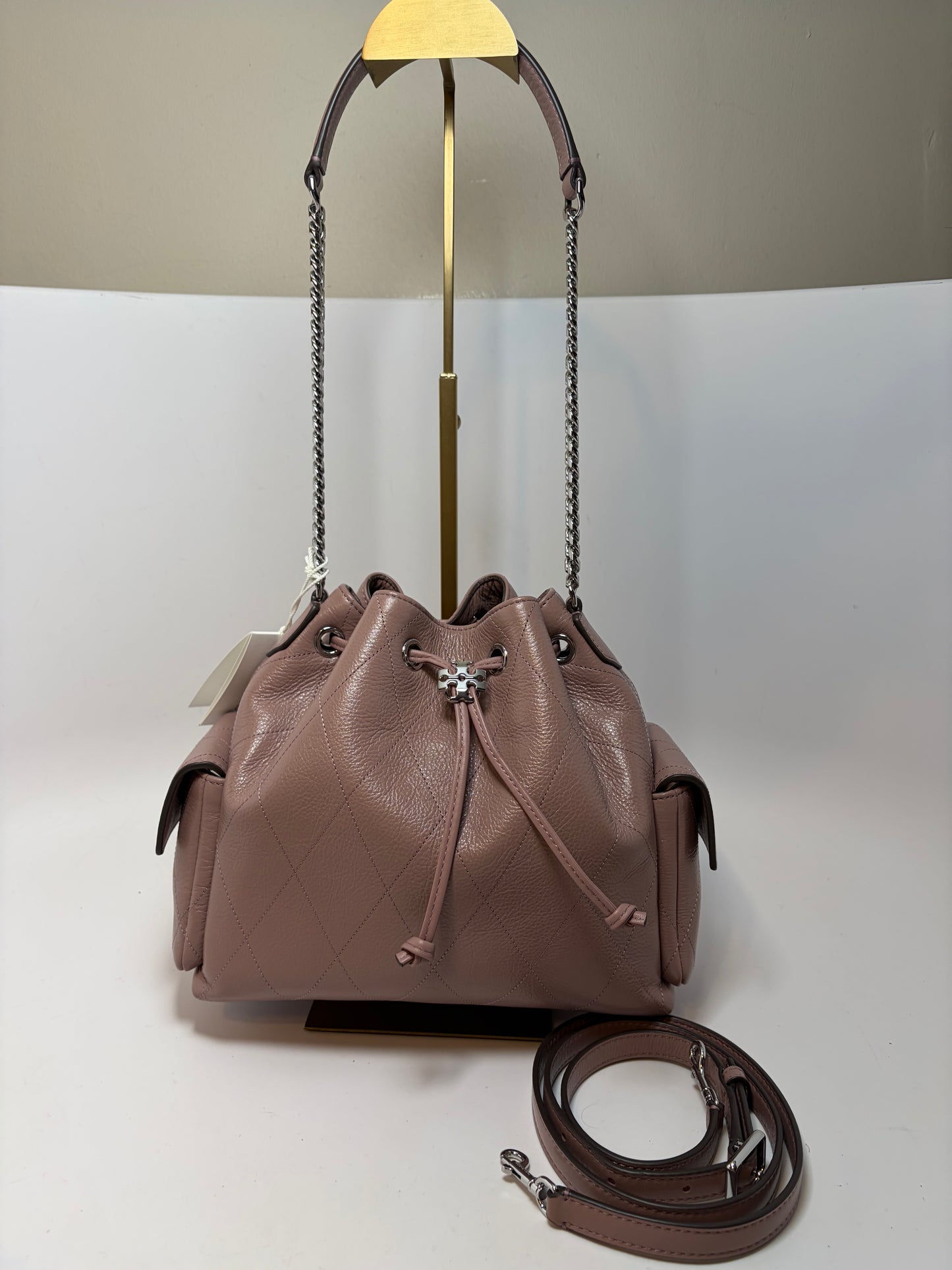 Tory Burch Quilted Small Charlie Drawstring Shoulder Bag/Crossbody in Mauve NWT & Dust Bag