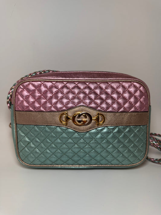 Gucci Trapuntata Bag Pink & Blue Limited Edition Metallic Leather Crossbody EUC