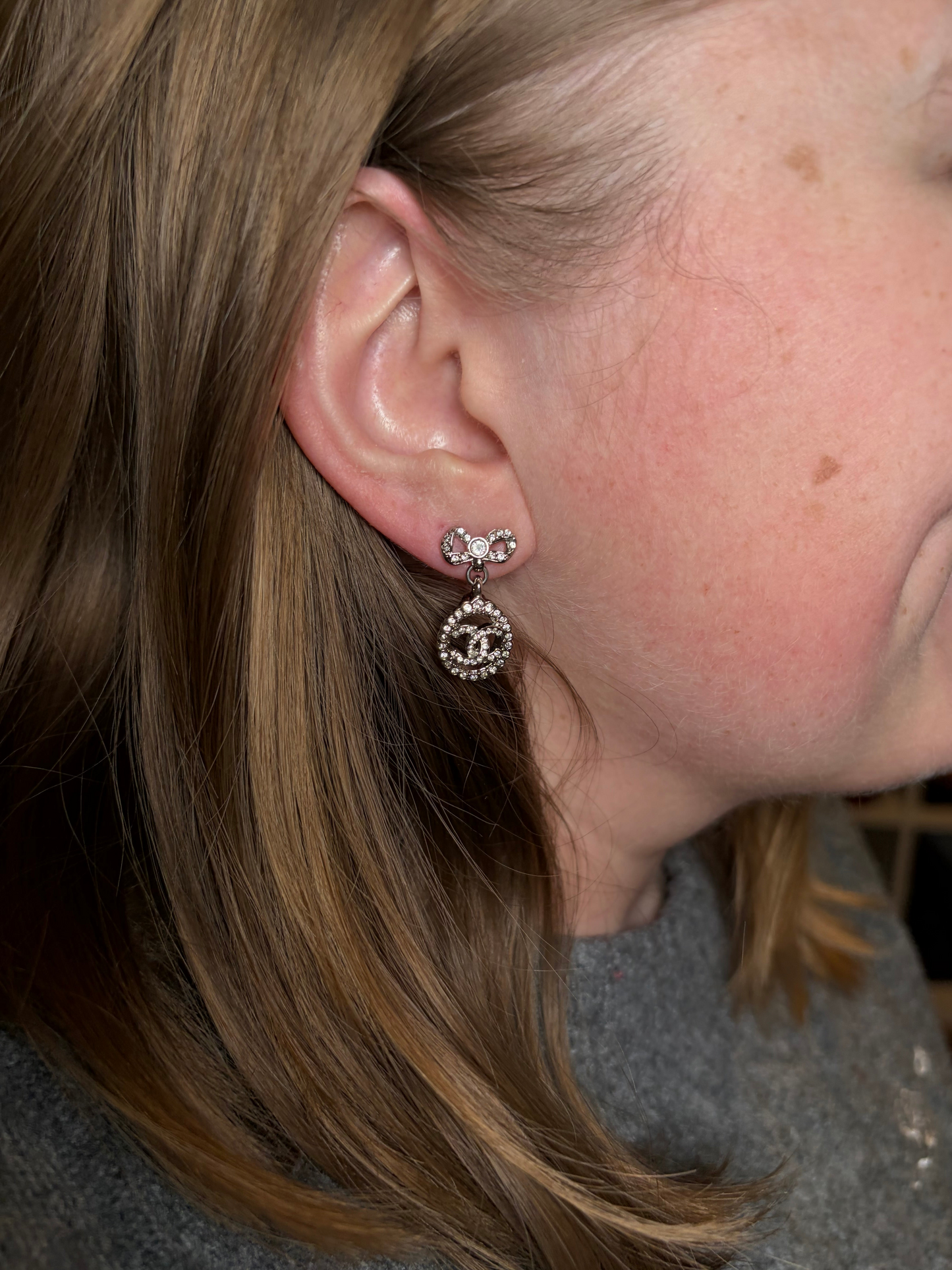 Chanel Coco Mark Ribbon Motif Crystal Post Earrings