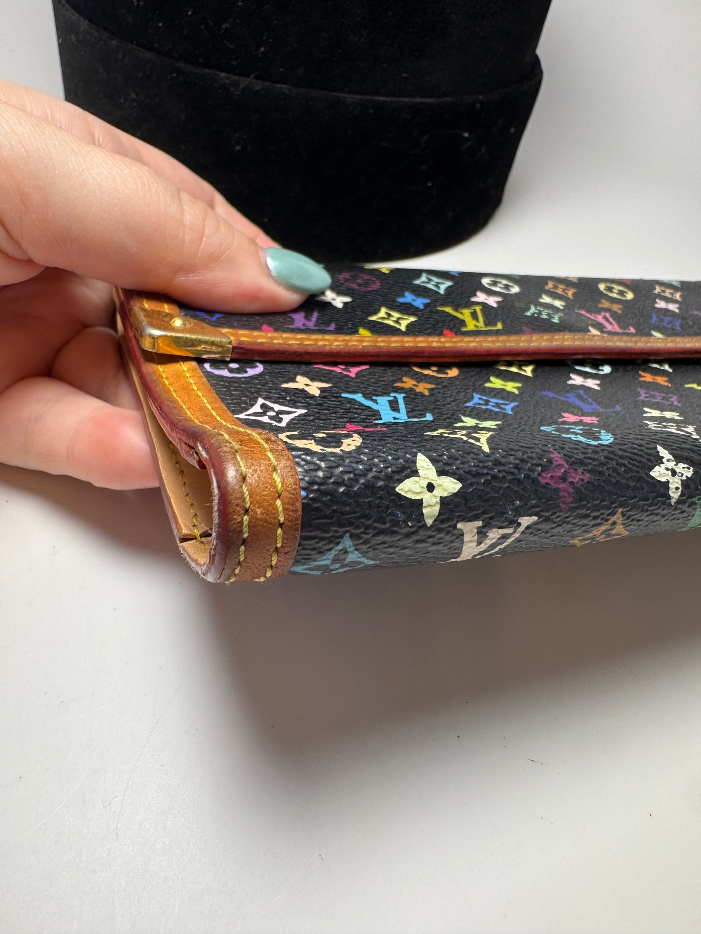 Louis Vuitton Multicolor Monogram Porte Tressor Trifold Wallet Black Wallet with Tan Interior