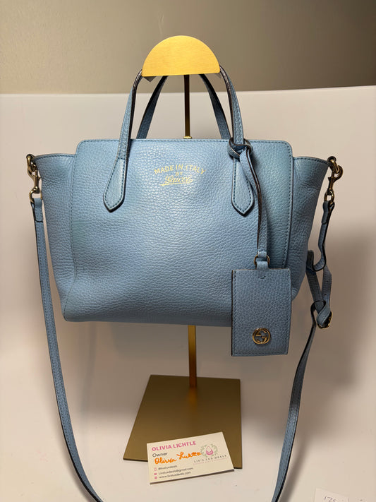 Gucci Mini Swing Tote Baby Blue Pebble Leather w/Crossbody Strap