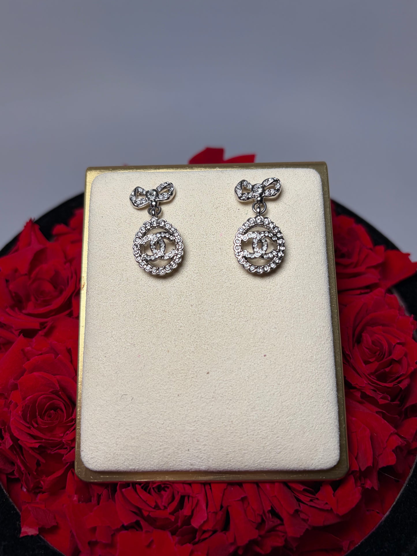 Chanel Coco Mark Ribbon Motif Crystal Post Earrings