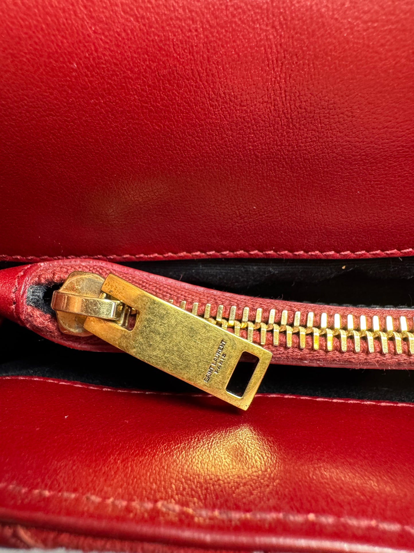 Saint Laurent YSL Red Suede & Leather Matelassé Chevron Medium College Bag Gold