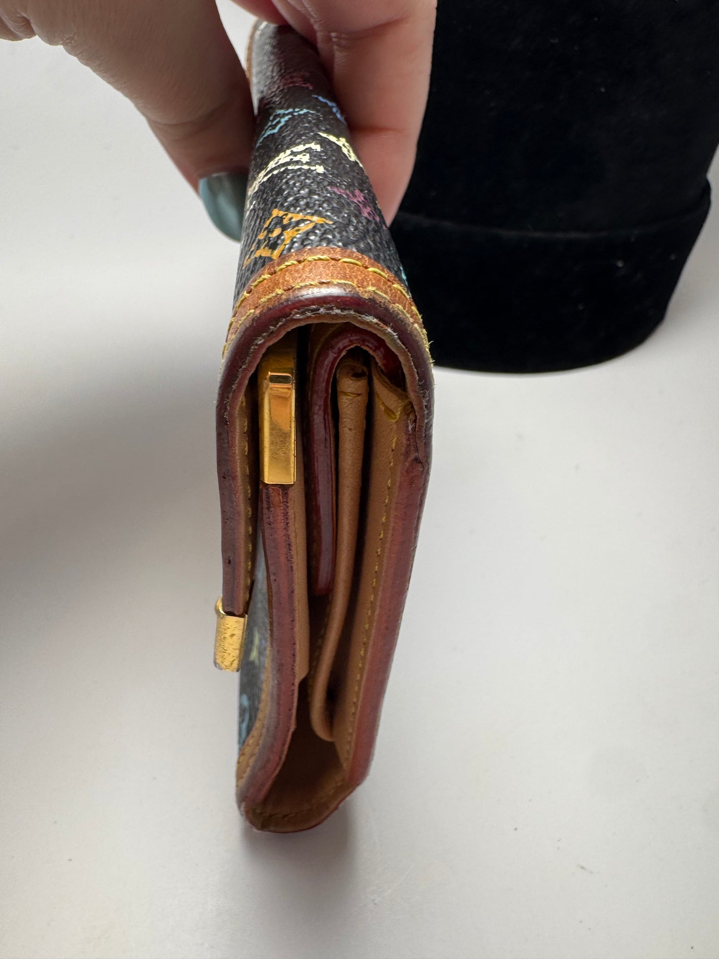 Louis Vuitton Multicolor Monogram Porte Tressor Trifold Wallet Black Wallet with Tan Interior