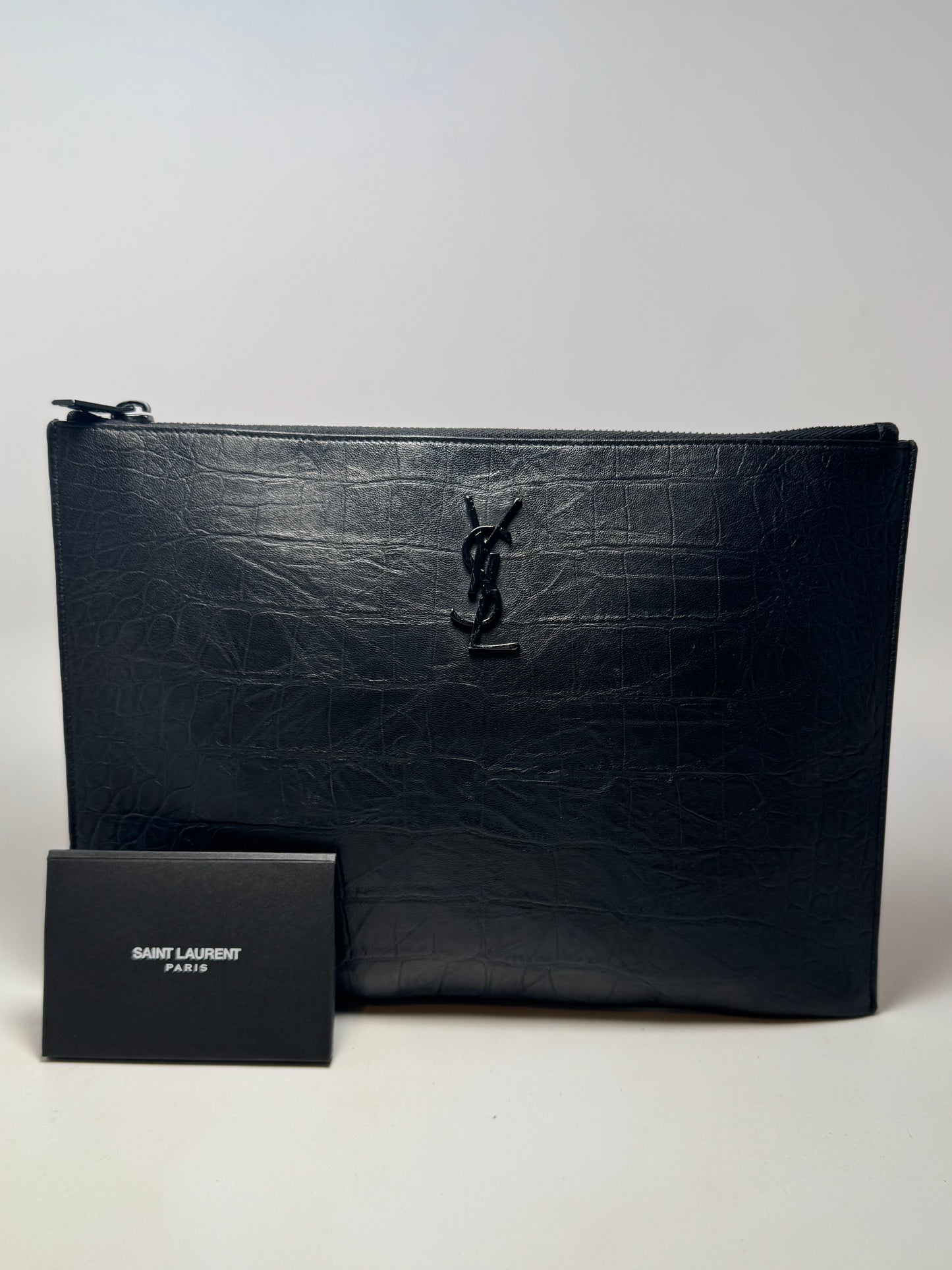 Saint Laurent Crocodile Embossed Black Leather Clutch