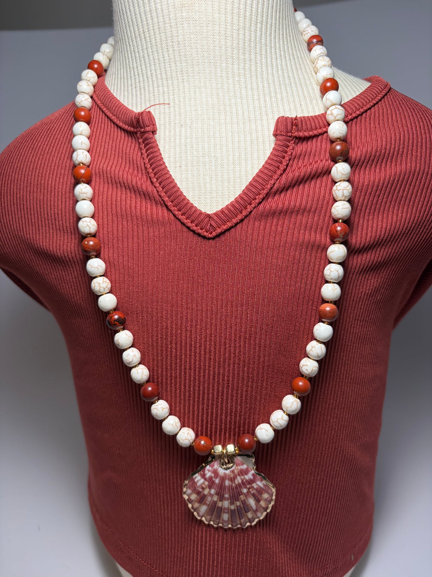Red Jasper & White Howlite Beaded Necklace with Wire-Wrapped Scallop Shell Charm