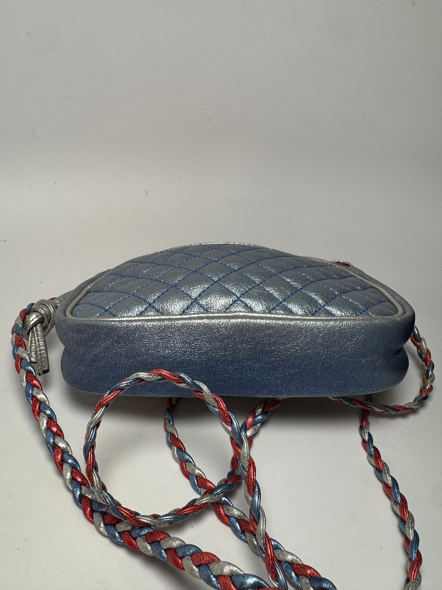 Gucci Nappa Trapuntata Laminated Mini Zumi Dome Crossbody Red, Silver & Blue w/two tone GGs on front