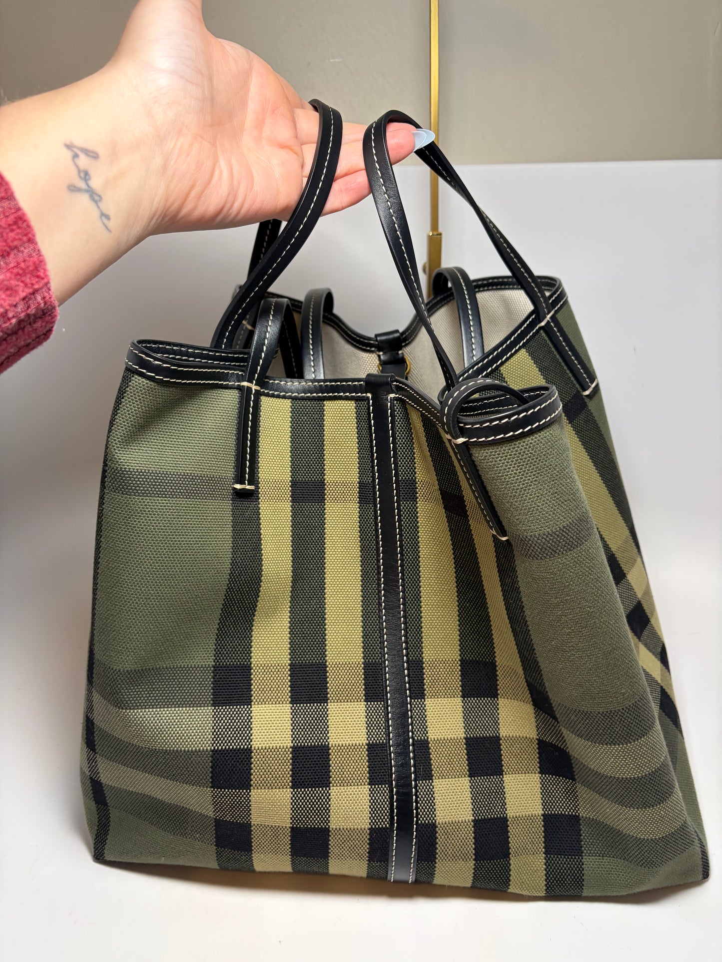Burberry Check Canvas Tote Green & Khaki and Wristlet