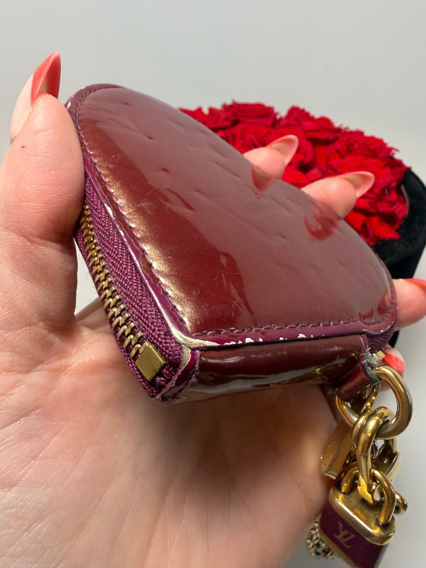 Louis Vuitton Monogram Vernis Heart Coin Purse in Amarante Color