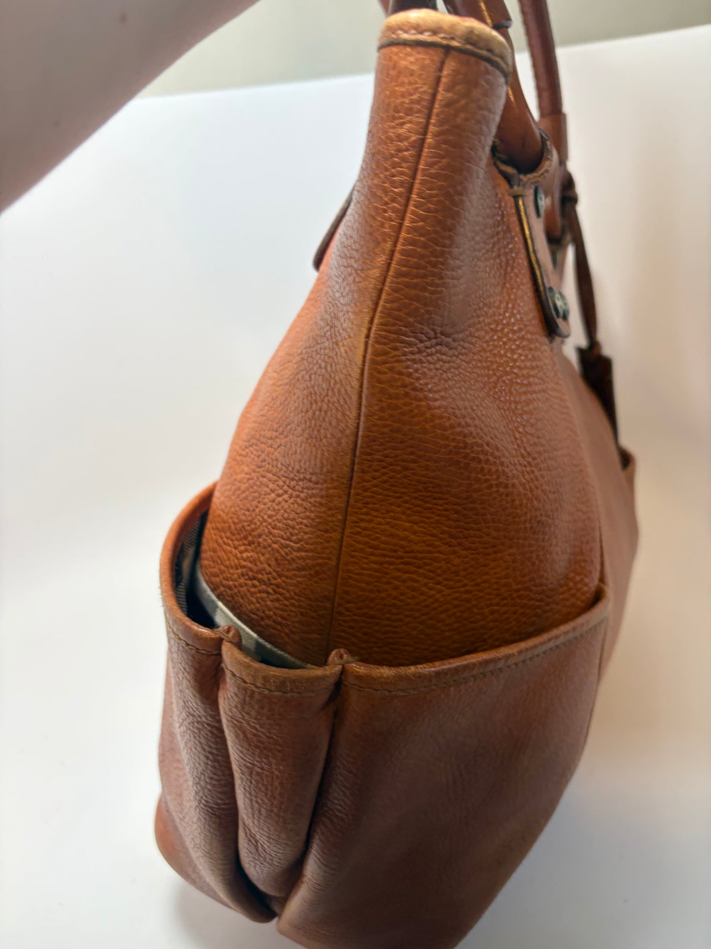 Burberry Large Pebbled Leather Tote W/Plaid Check Interior