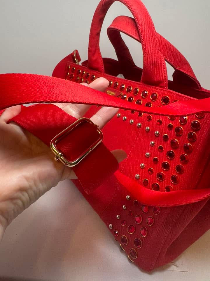 Prada Crystals Canapa Tote Large Red Rosso w/Crossbody Strap