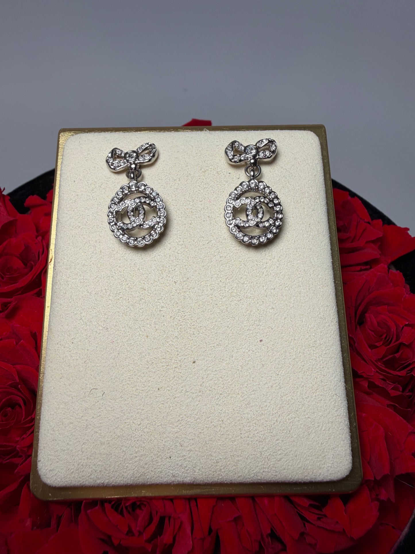 Chanel Coco Mark Ribbon Motif Crystal Post Earrings