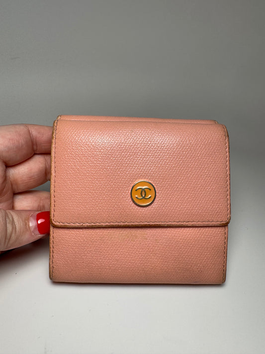 Chanel Vintage Button Line Pink Snap Compact Wallet Coco Mark Trifold