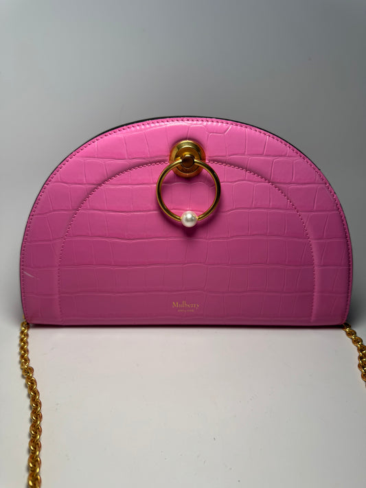 Mulberry Crocodile Embossed Calfskin Crescent Clutch Pink Pearl Shoulder Bag
