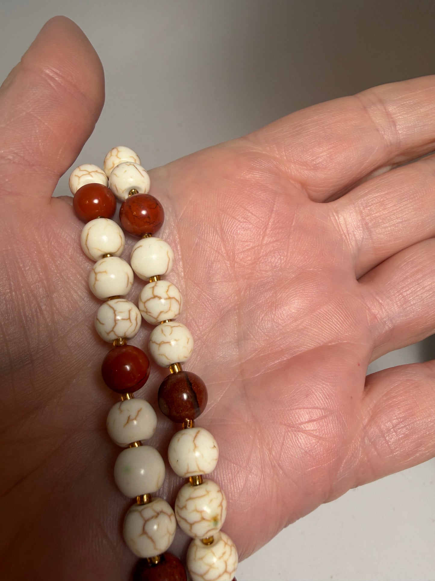 Red Jasper & White Howlite Beaded Necklace with Wire-Wrapped Scallop Shell Charm